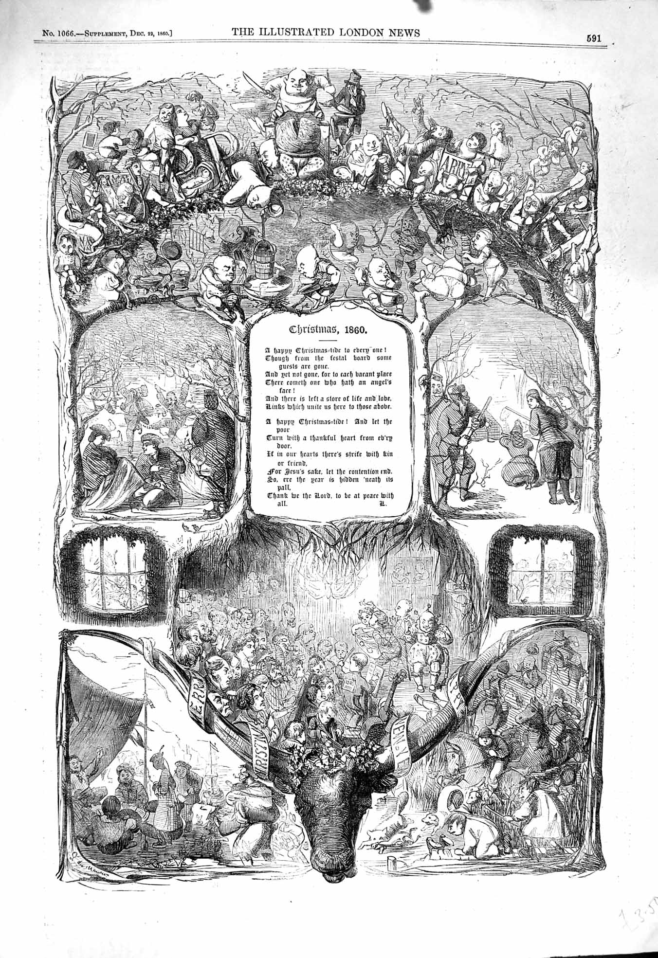 Original Old Antique Print 1860 Christmas Song Children Entertainment Victorian