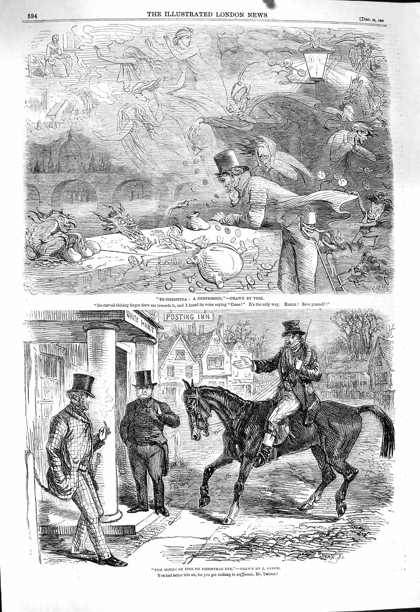 Original Old Antique Print 1860 White Hart Inn Christmas Eve Confession Man