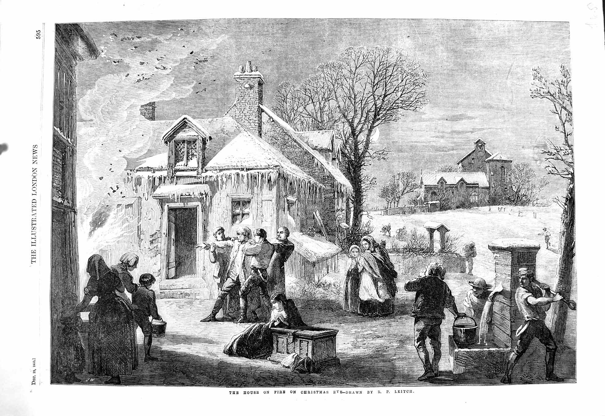 Old Antique Print 1860 House Fire Christmas Eve Ice Snow Moonlight Leitch 19th