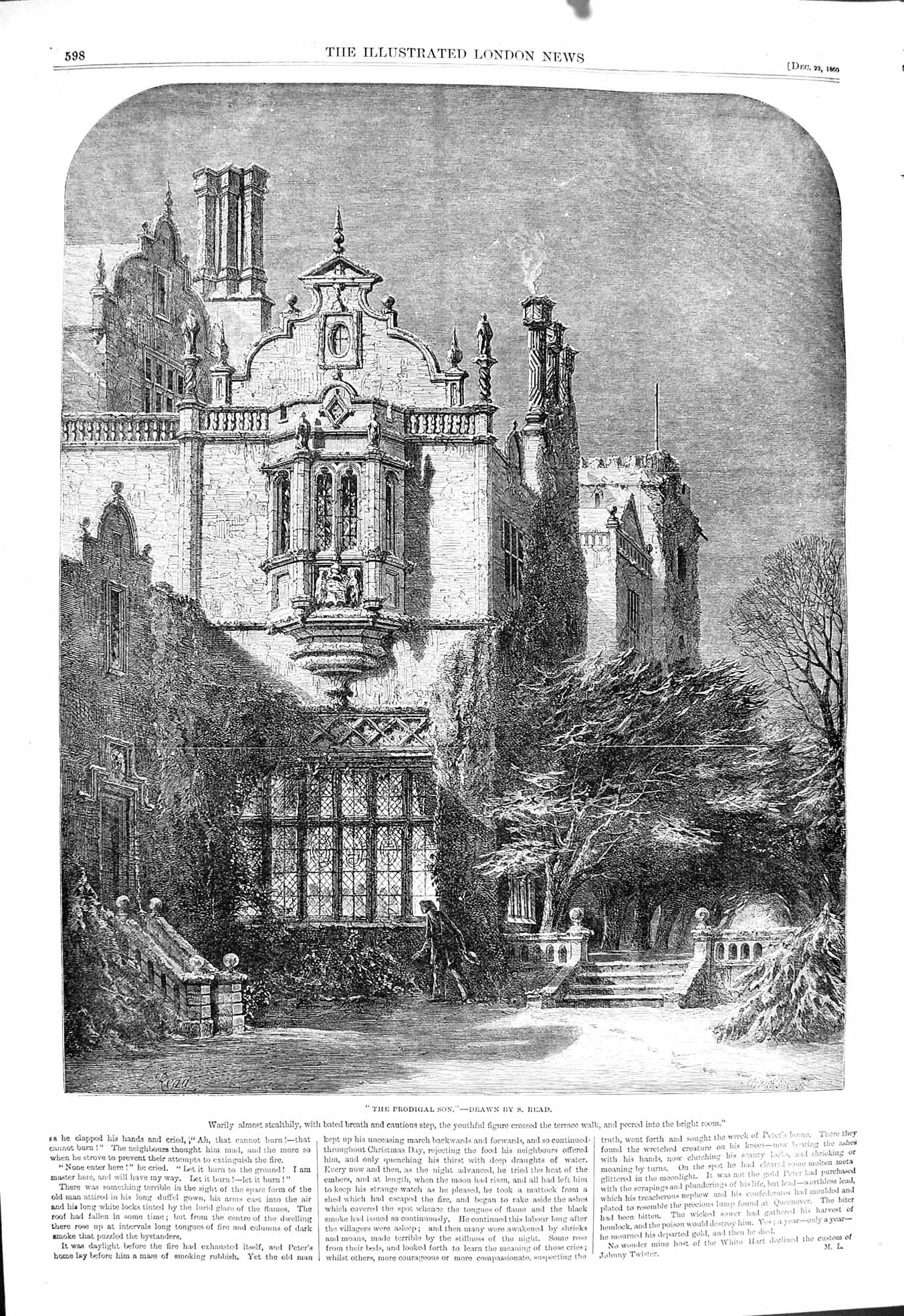 Original Old Antique Print 1860 Prodigal Son Return Home Architecture Read 19th