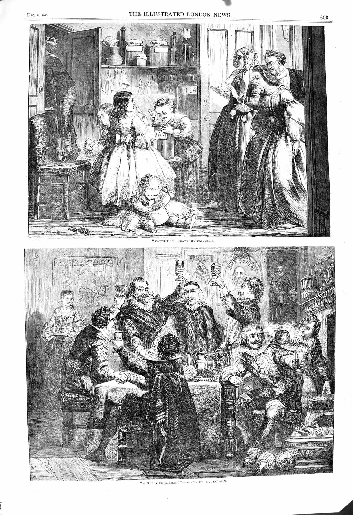 Original Old Antique Print 1860 Merry Christmas Celebration Children Steal 19th