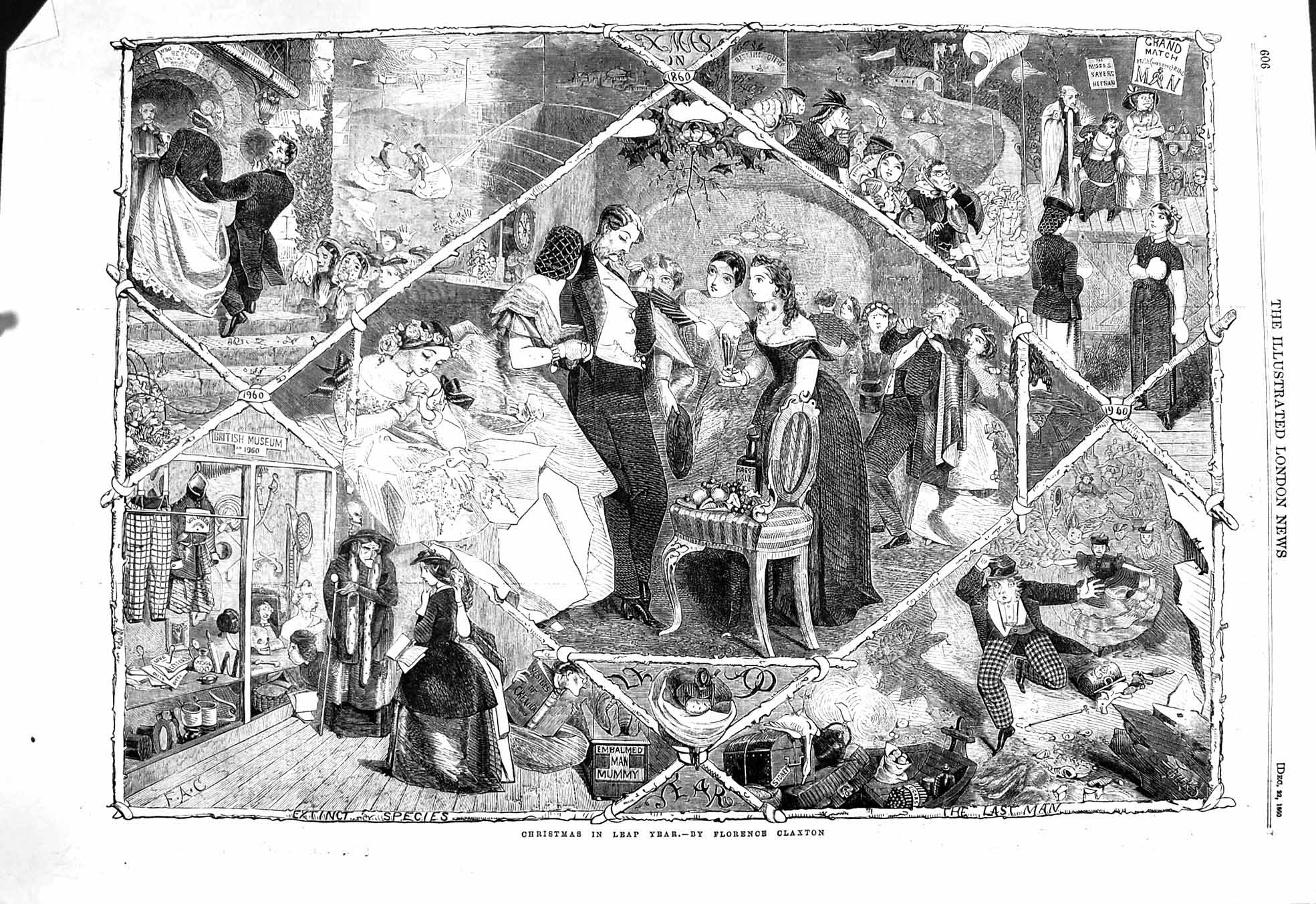 Original Old Antique Print 1860 Leap Year Christmas Romance British Museum 19th