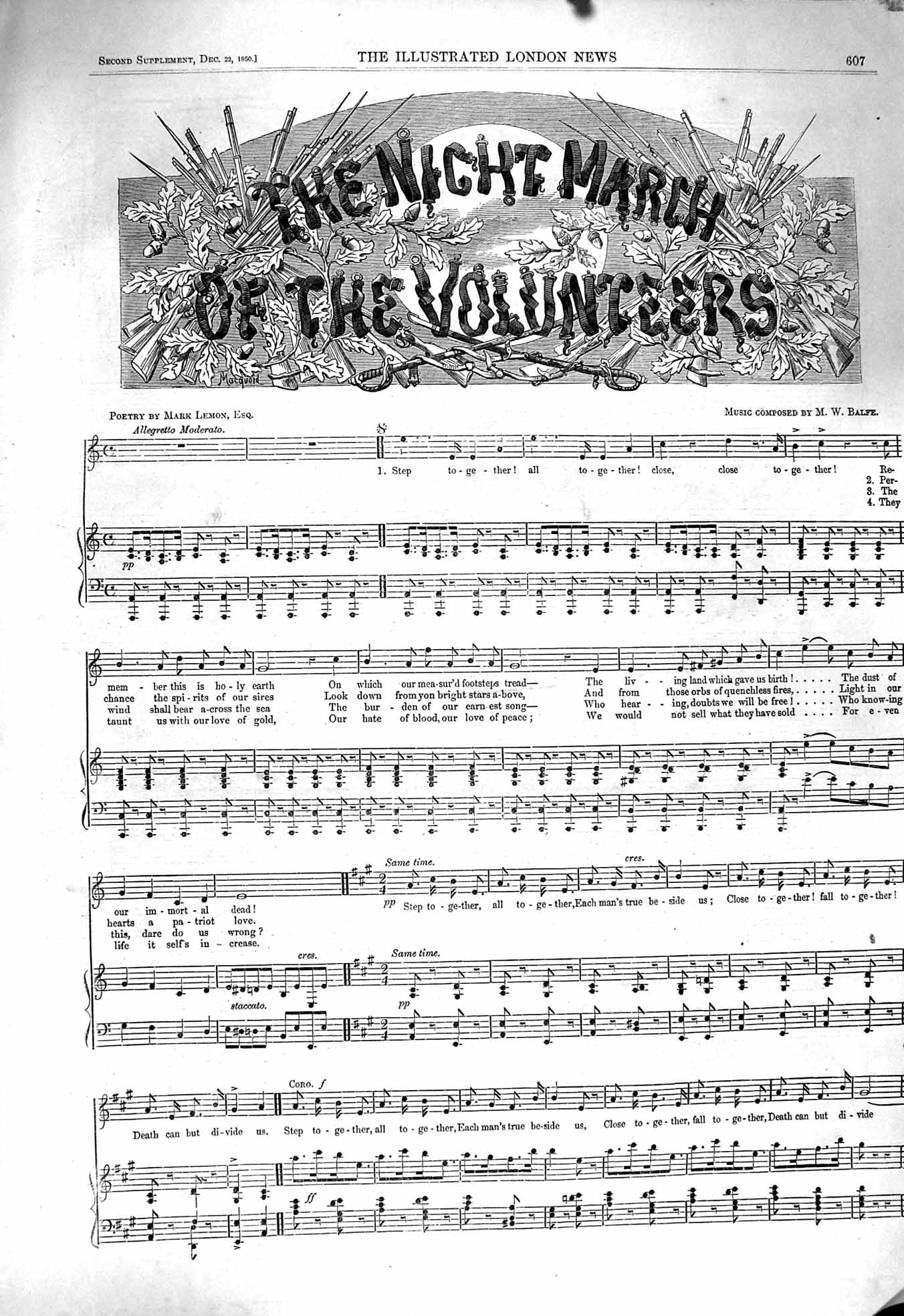 Original Old Antique Print 1860 Sheet Music Night March Volunteers Balfe Lemon