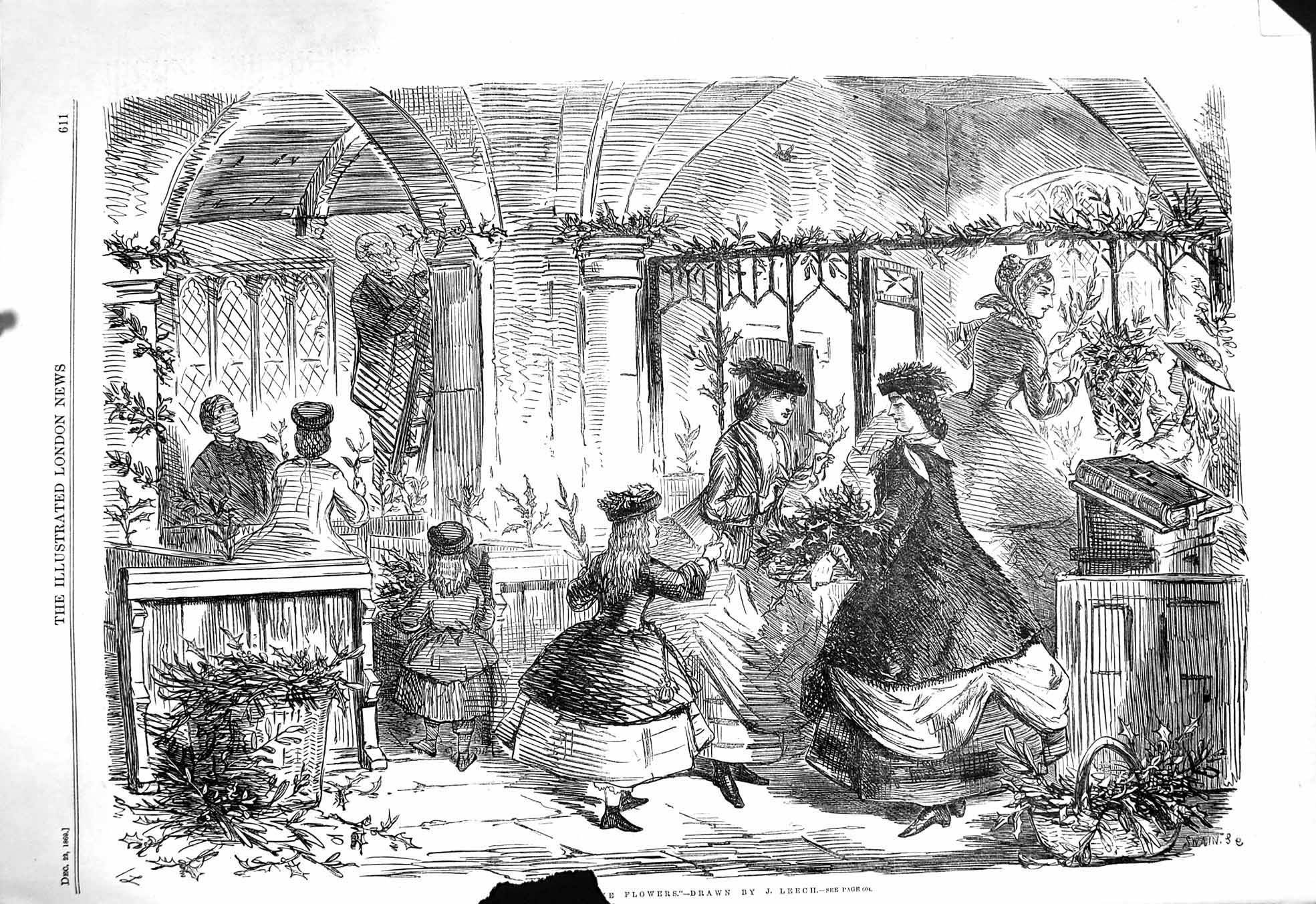 Original Old Antique Print 1860 Church Flowers Arranging Holly Christmas 19th