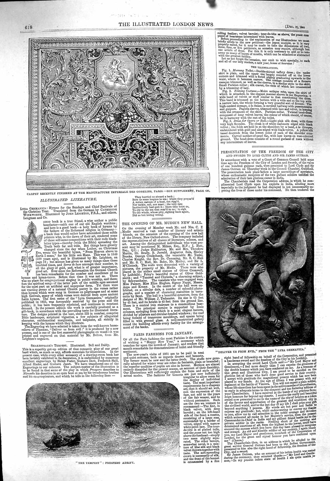 Old Antique Print 1860 Carpet Gobelins Paris Tempest Ship Lyra Germanica 19th