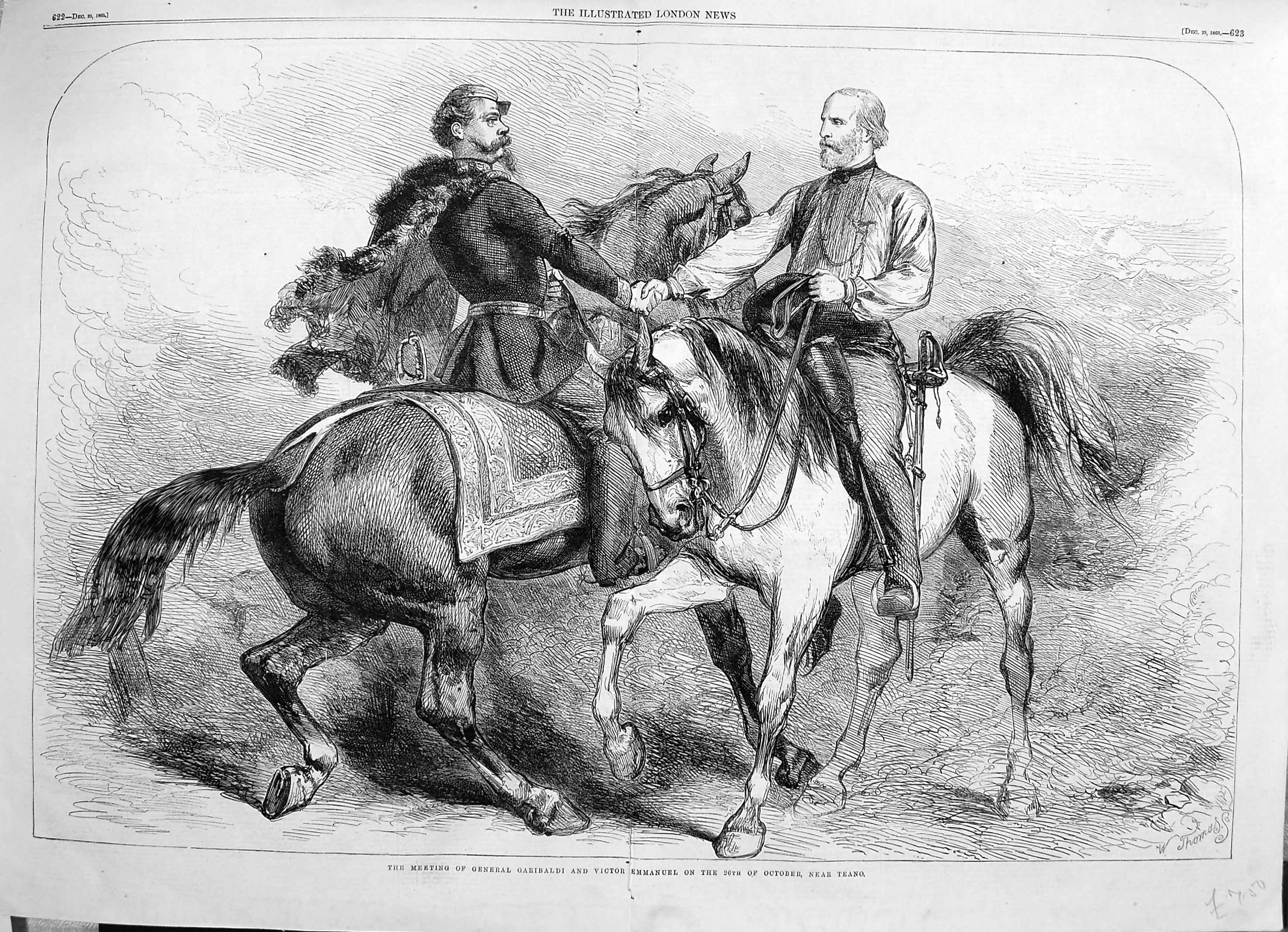 Original Old Antique Print 1860 General Garibaldi Victor Emmanuel Teano 19th