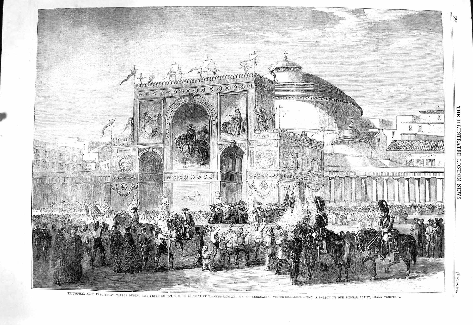 Original Old Antique Print 1860 Triumphal Arch Naples Victor Emmanuel Musicians