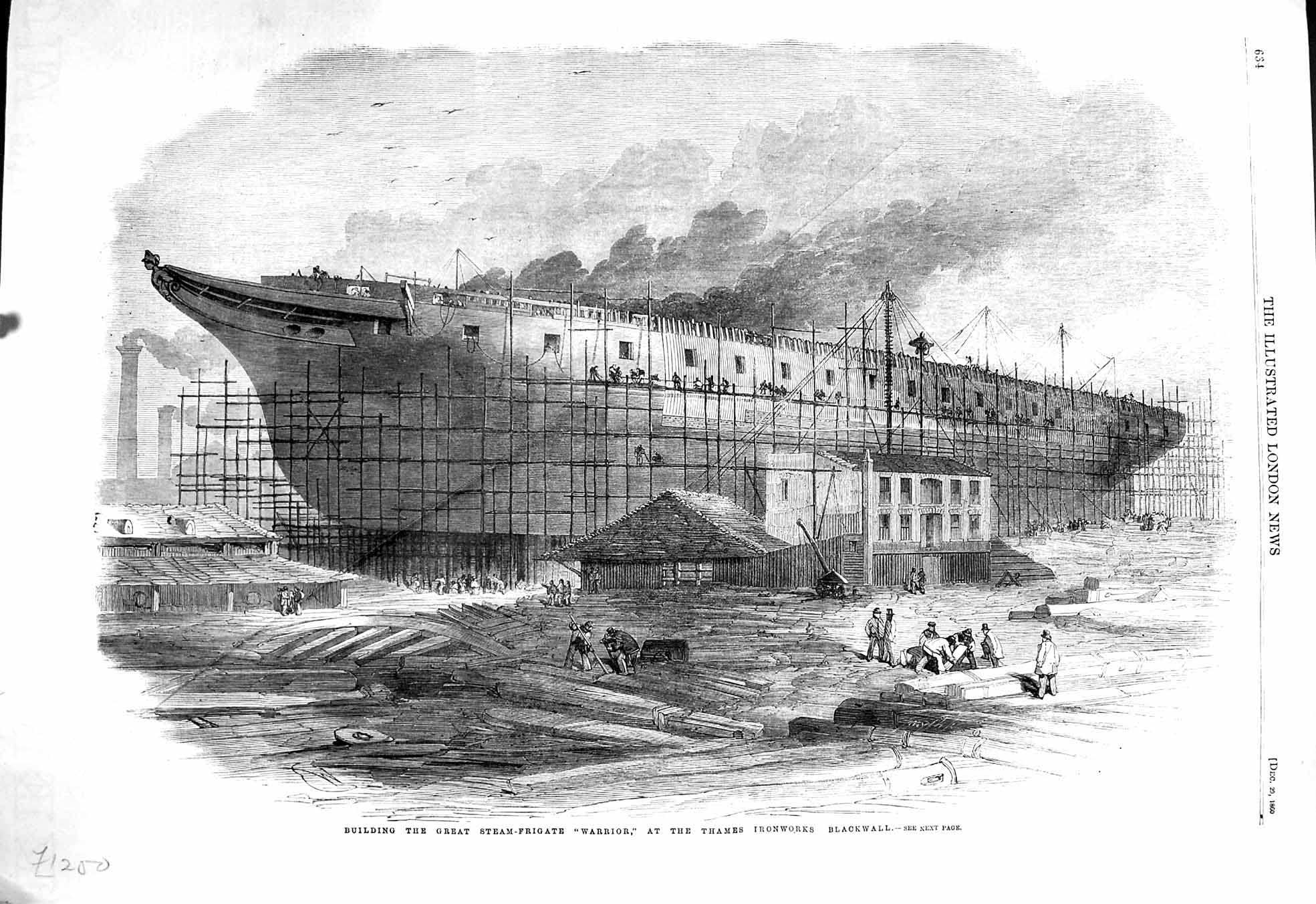 Original Old Antique Print 1860 Building Steam Frigate Ship Warrior Blackwall