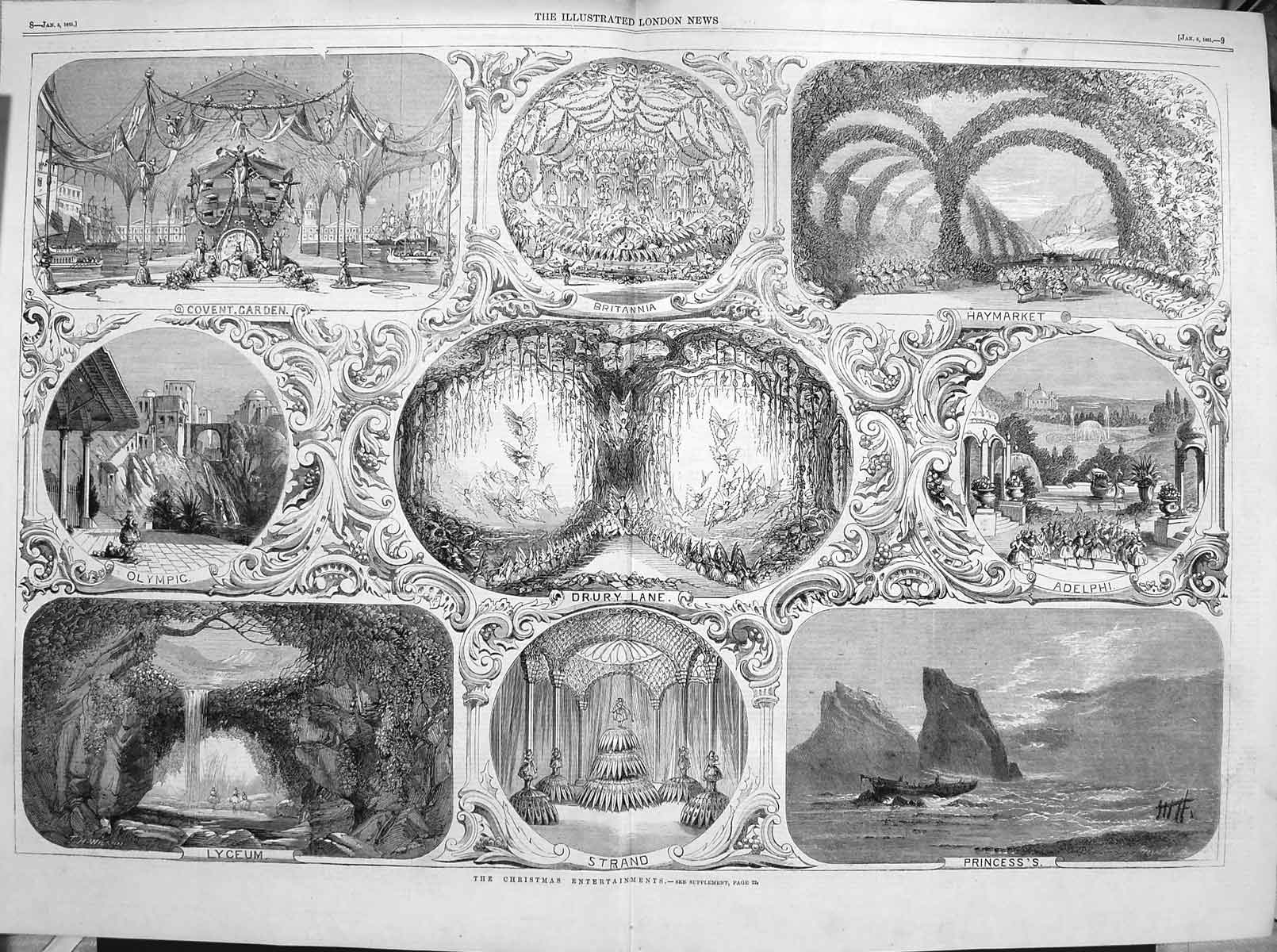 Original Old Antique Print 1861 Theatre Strand Drury Lane Christmas Olympic 19th