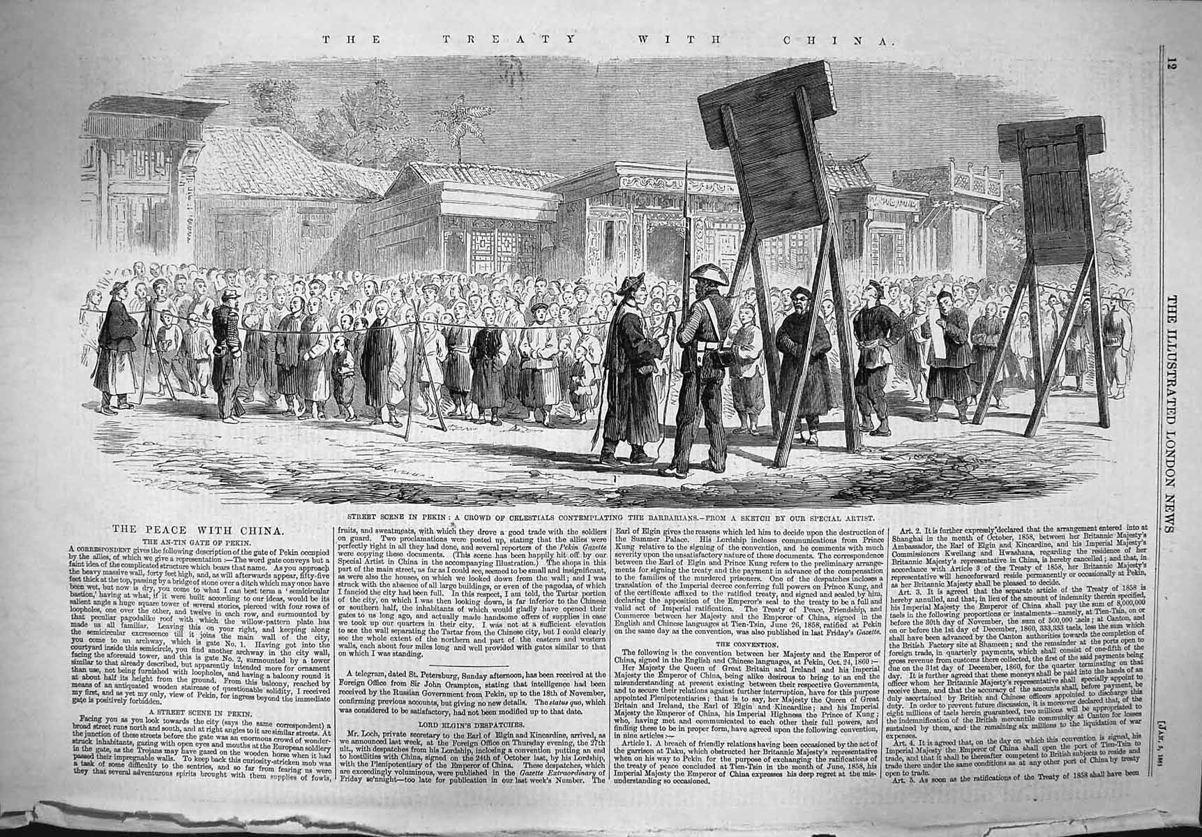 Original Old Antique Print 1861 Treaty China Scene Pekin Celestials Barbarians