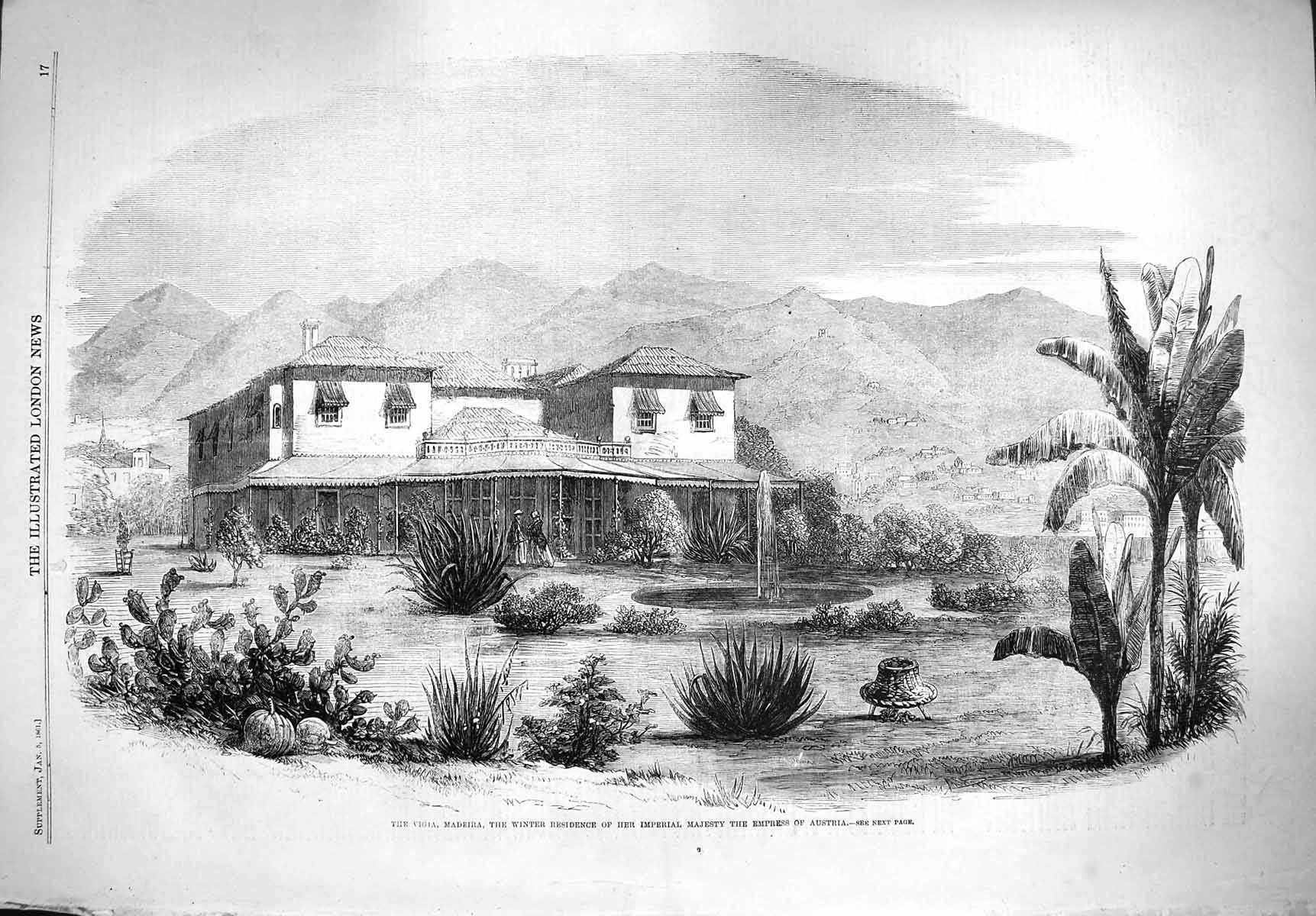 Original Old Antique Print 1861 Vigia Madeira Winter Residence Empress 19th