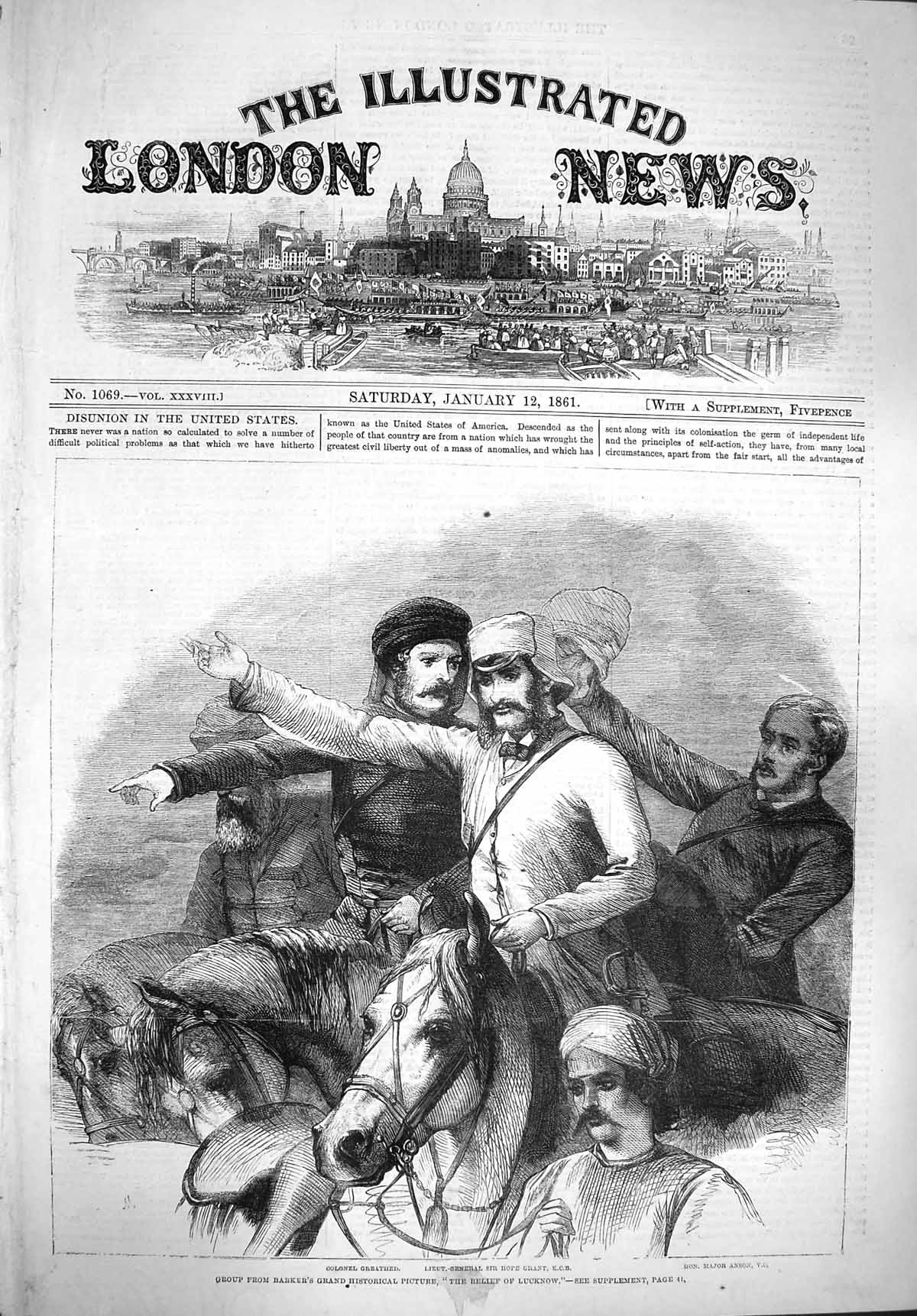 Original Old Antique Print 1861 Lucknow Colonel Greathed Sir Hope Grant Anson