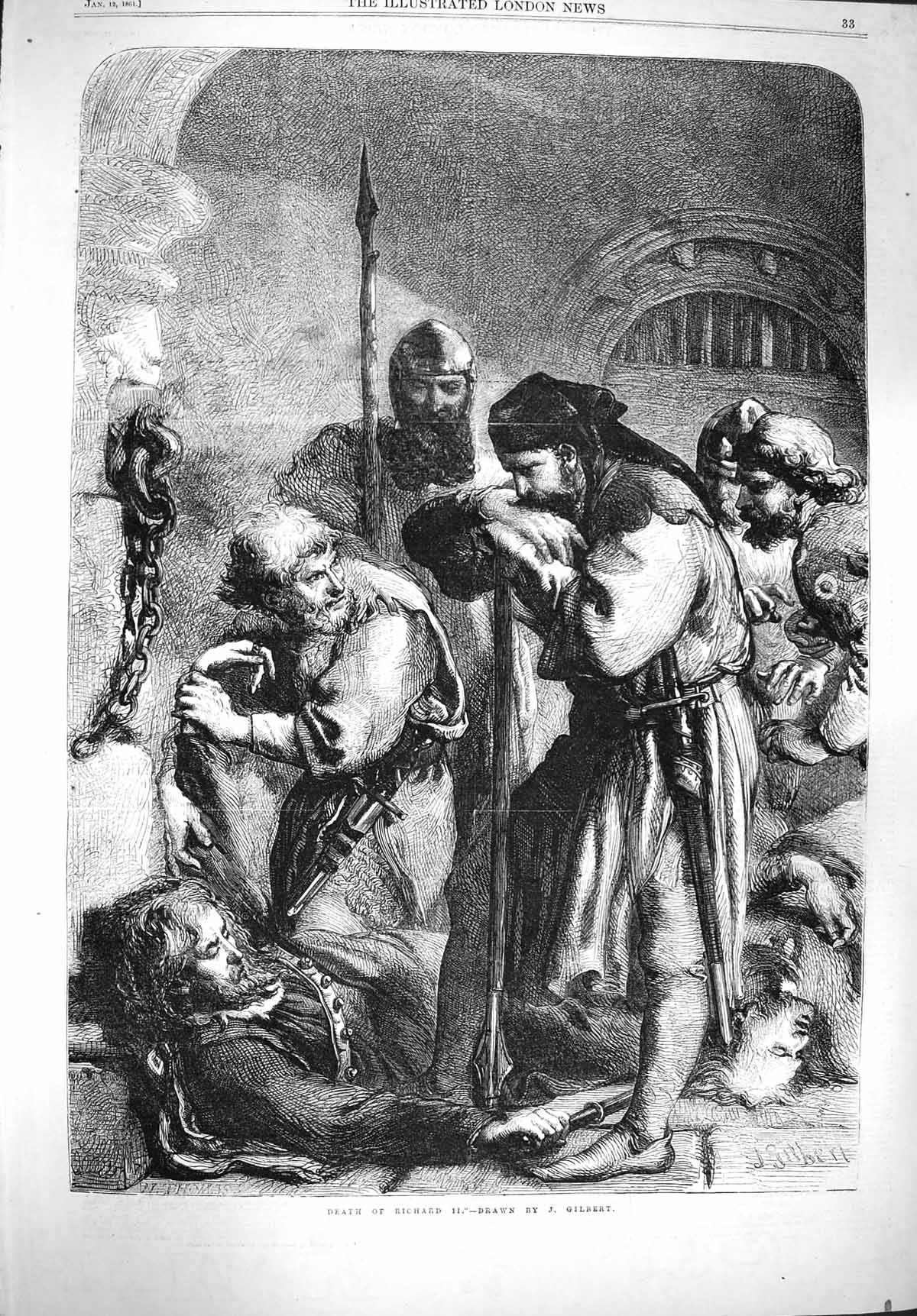Original Old Antique Print 1861 Scene Death King Richard Gilbert 19th