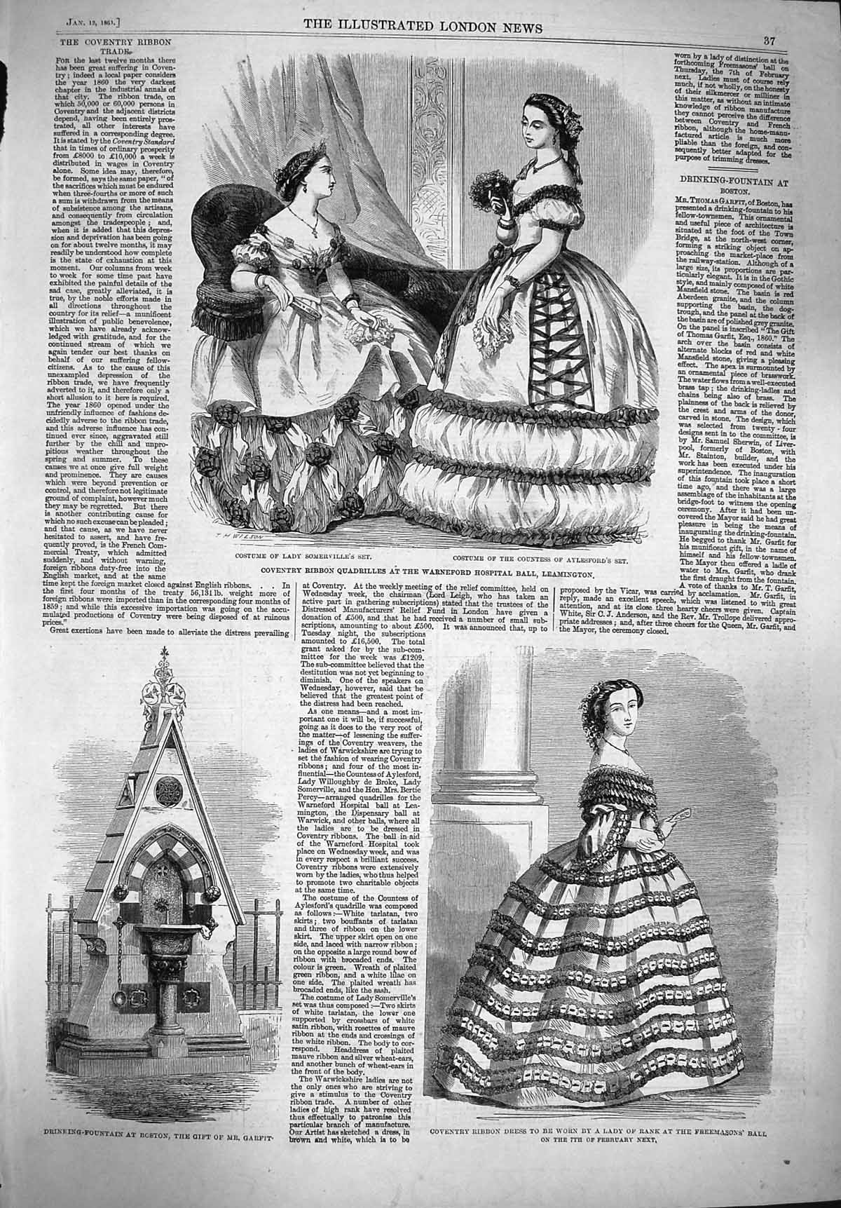 Original Old Antique Print 1861 Coventry Ribbon Dress Leamington Aylesfo 19th