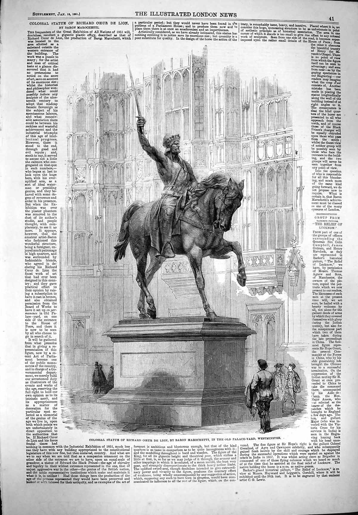 Original Old Antique Print 1861 Colossal Statue Richard Coeur De Lion Mar 19th