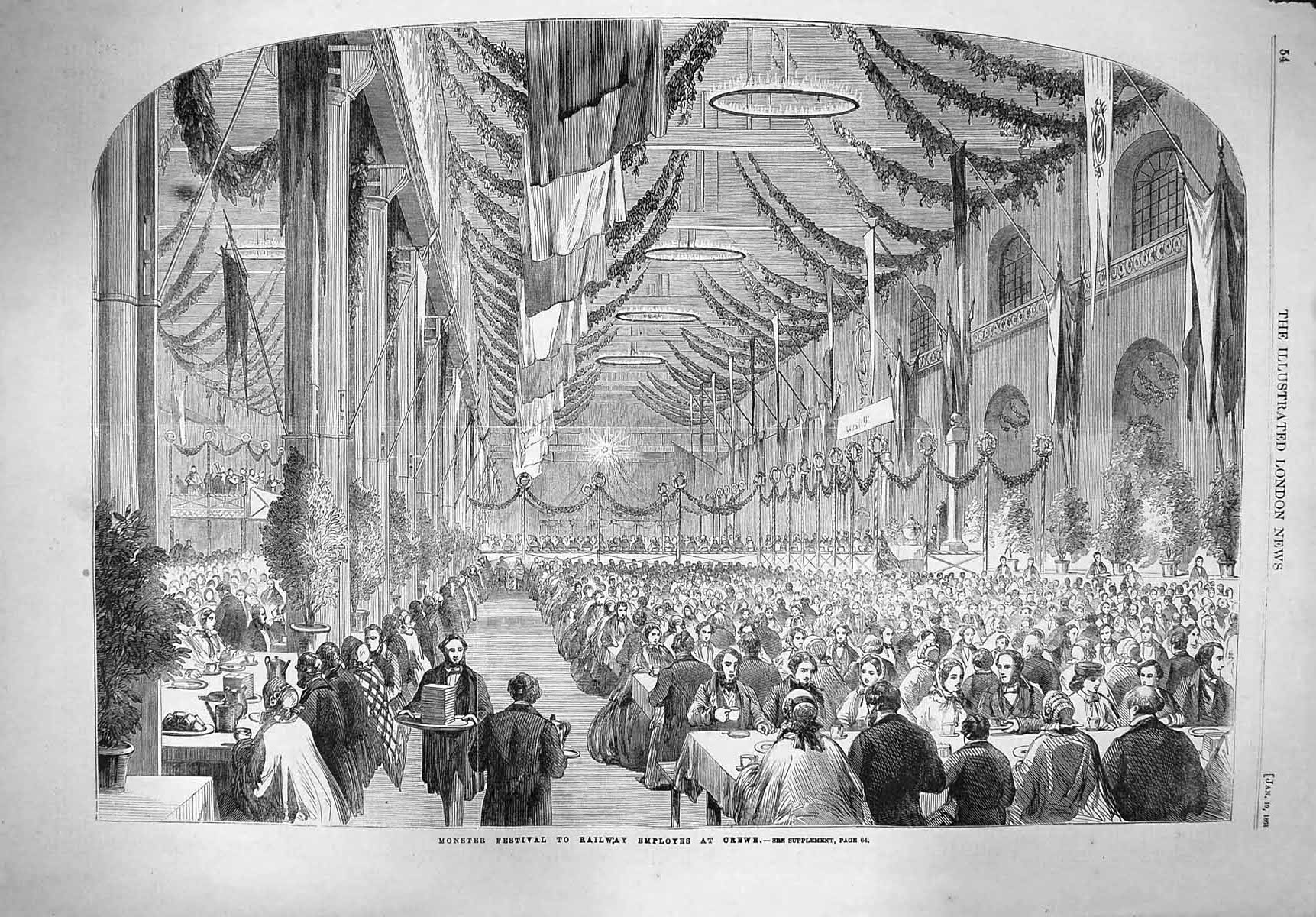 Original Old Antique Print 1861 Monster Festival Railway Employees Crewe Dinner