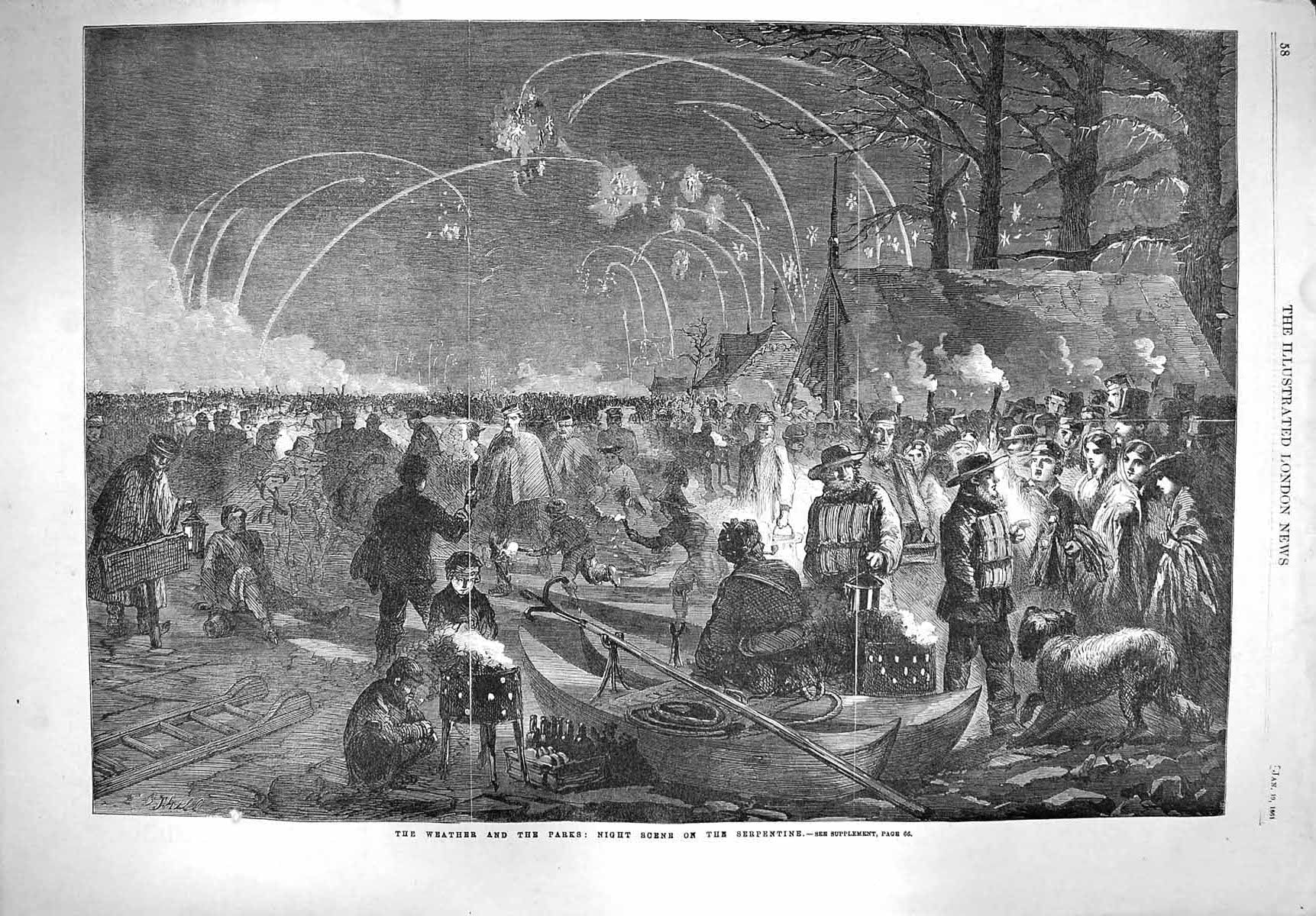 Original Old Antique Print 1861 Weather Parks Night Scene Serpentine London