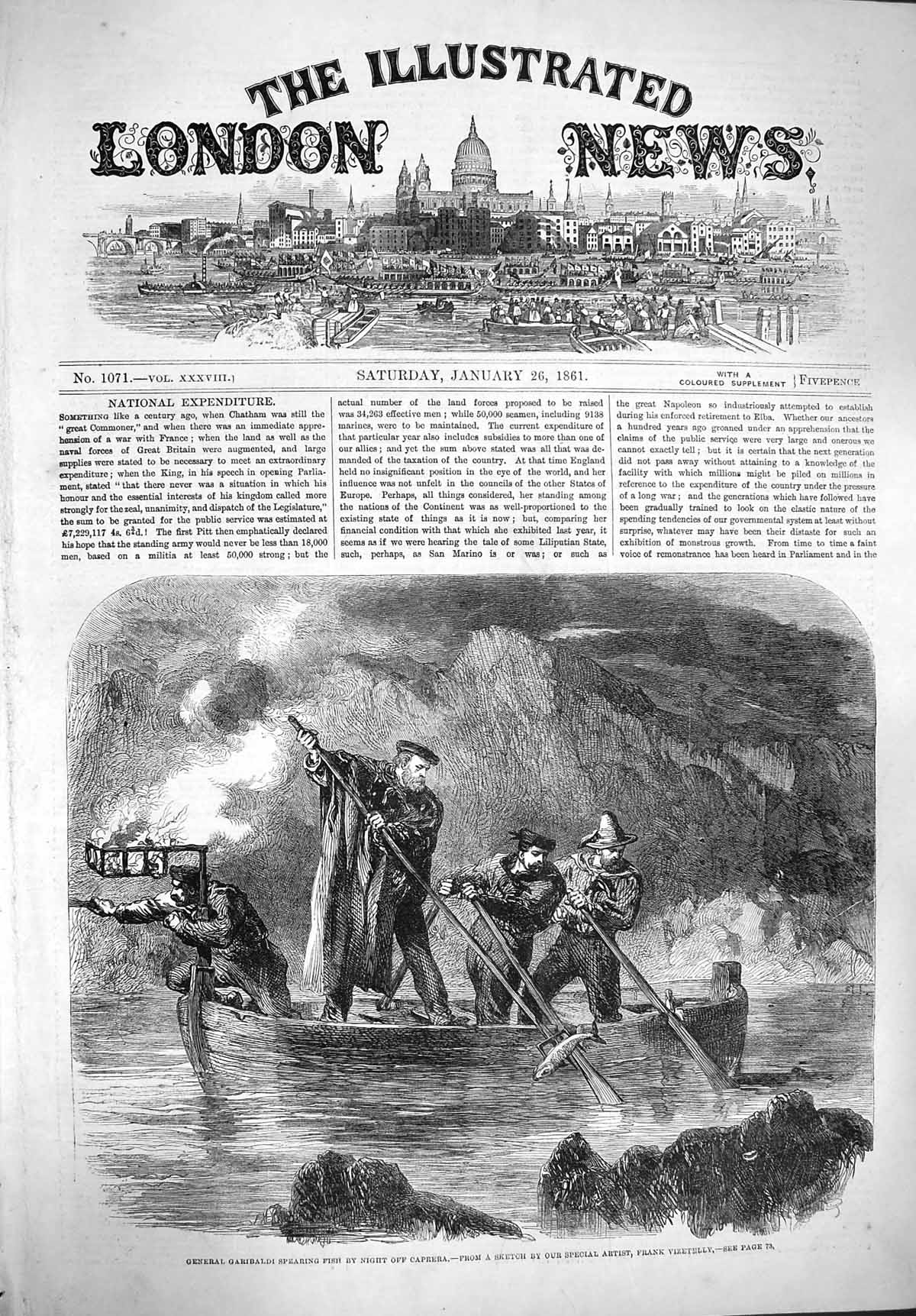 Original Old Antique Print 1861 General Garibaldi Spearing Fish Caprera Fishing