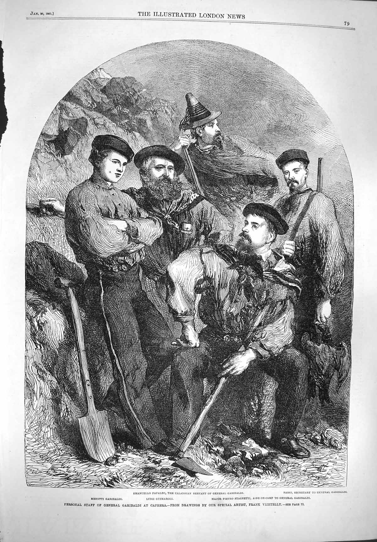Original Old Antique Print 1861 General Garibladi Guzmaroli Stagnetti Basso War