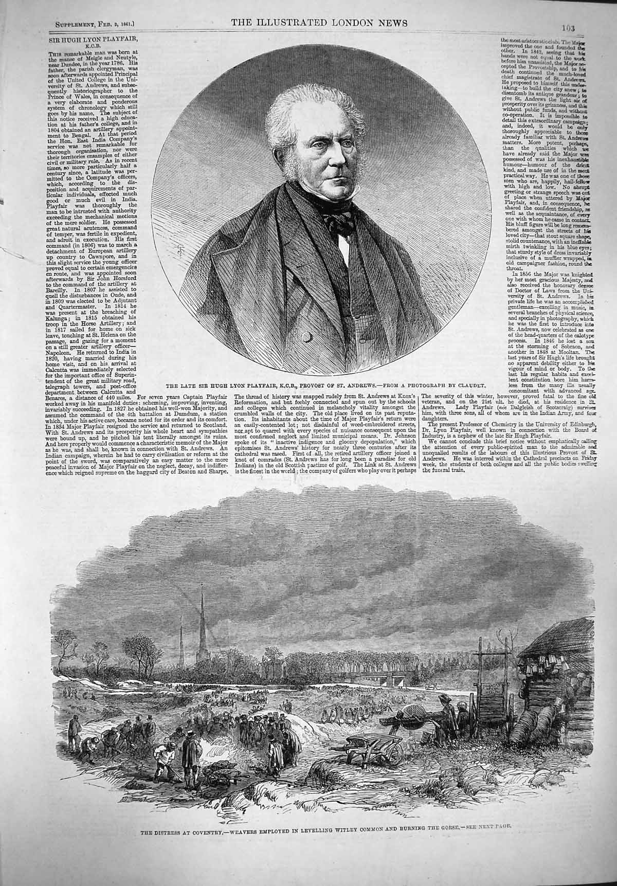 Old Antique Print 1861 Hugh Lyon Playfair Coventry Weavers Witley Common 19th