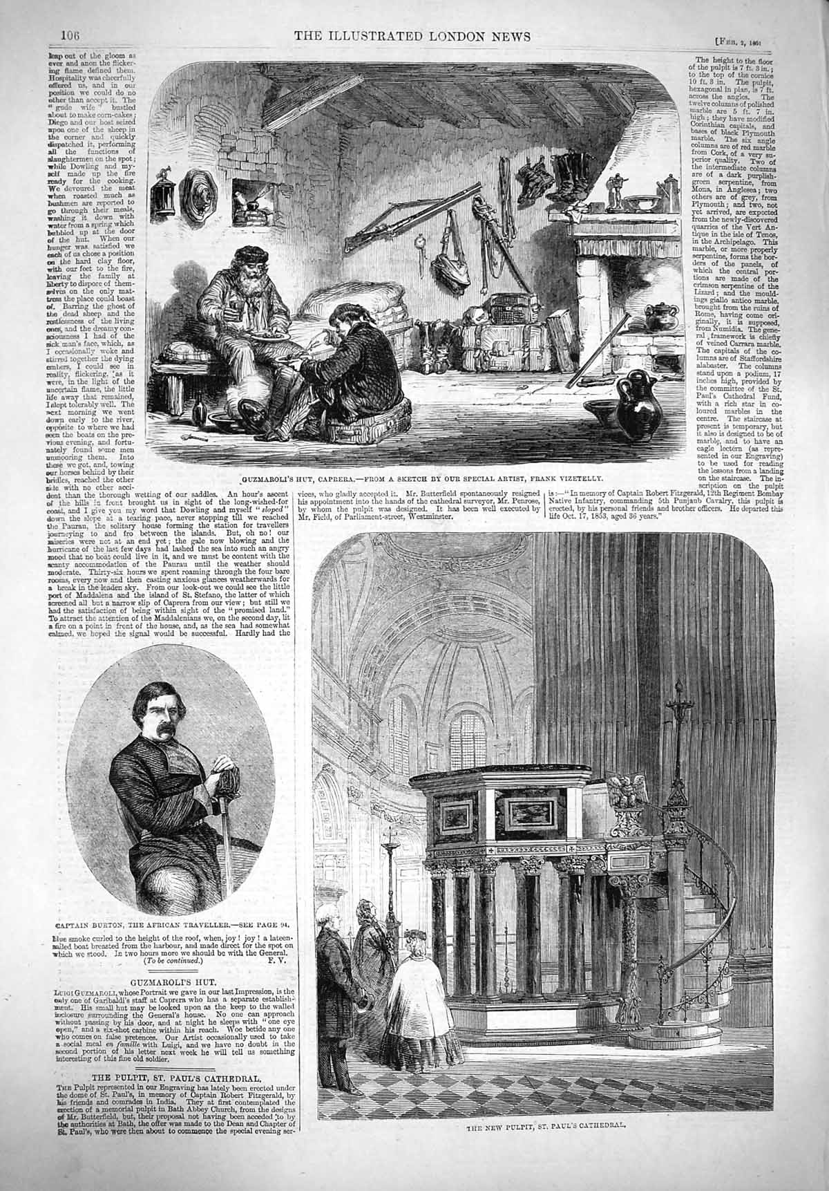 Original Old Antique Print 1861 Guzmaroli Hut Caprera Captain Burton Cathedral