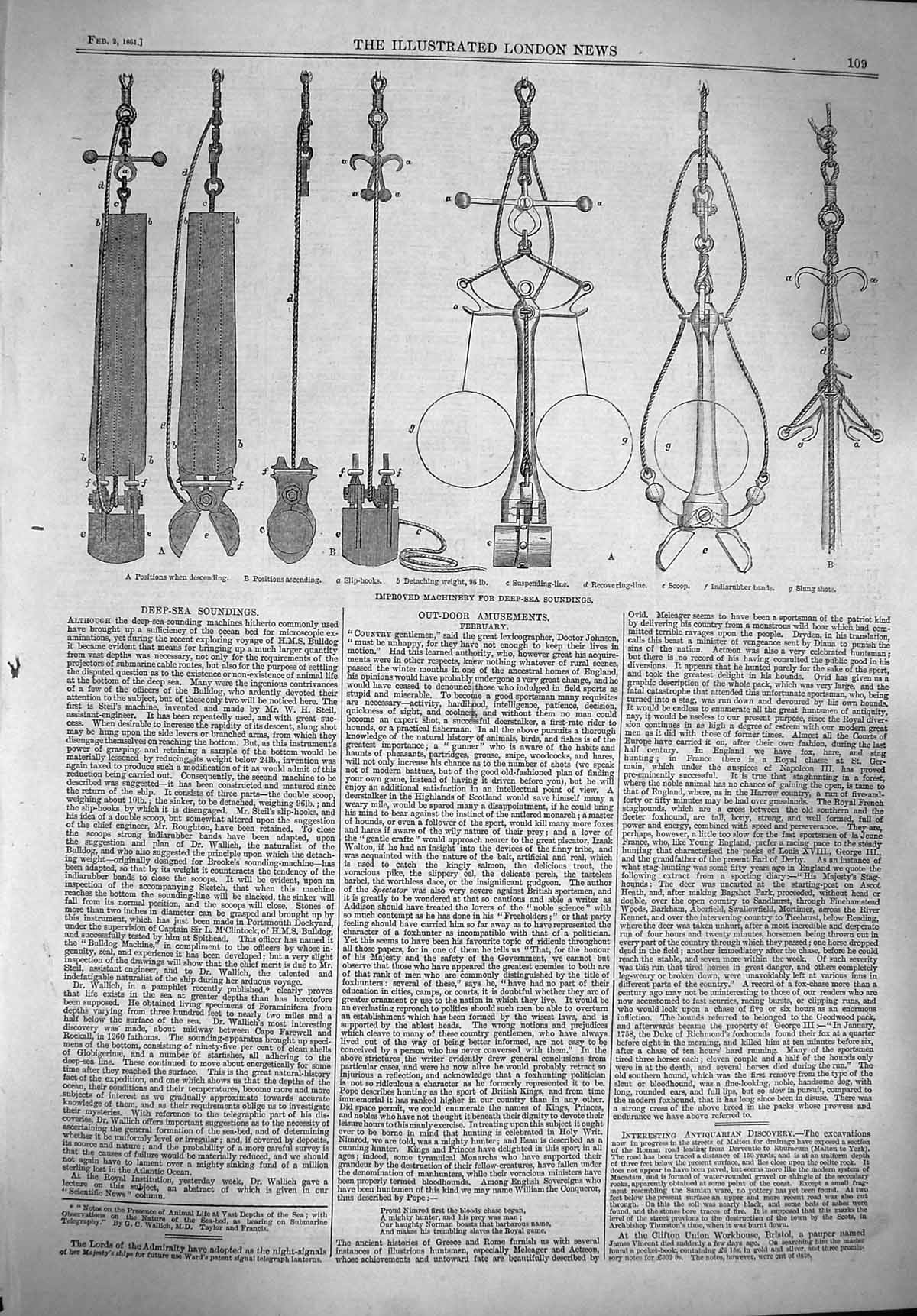 Original Old Antique Print 1861 Machinery Deep-Sea Soundgings Suspending Line