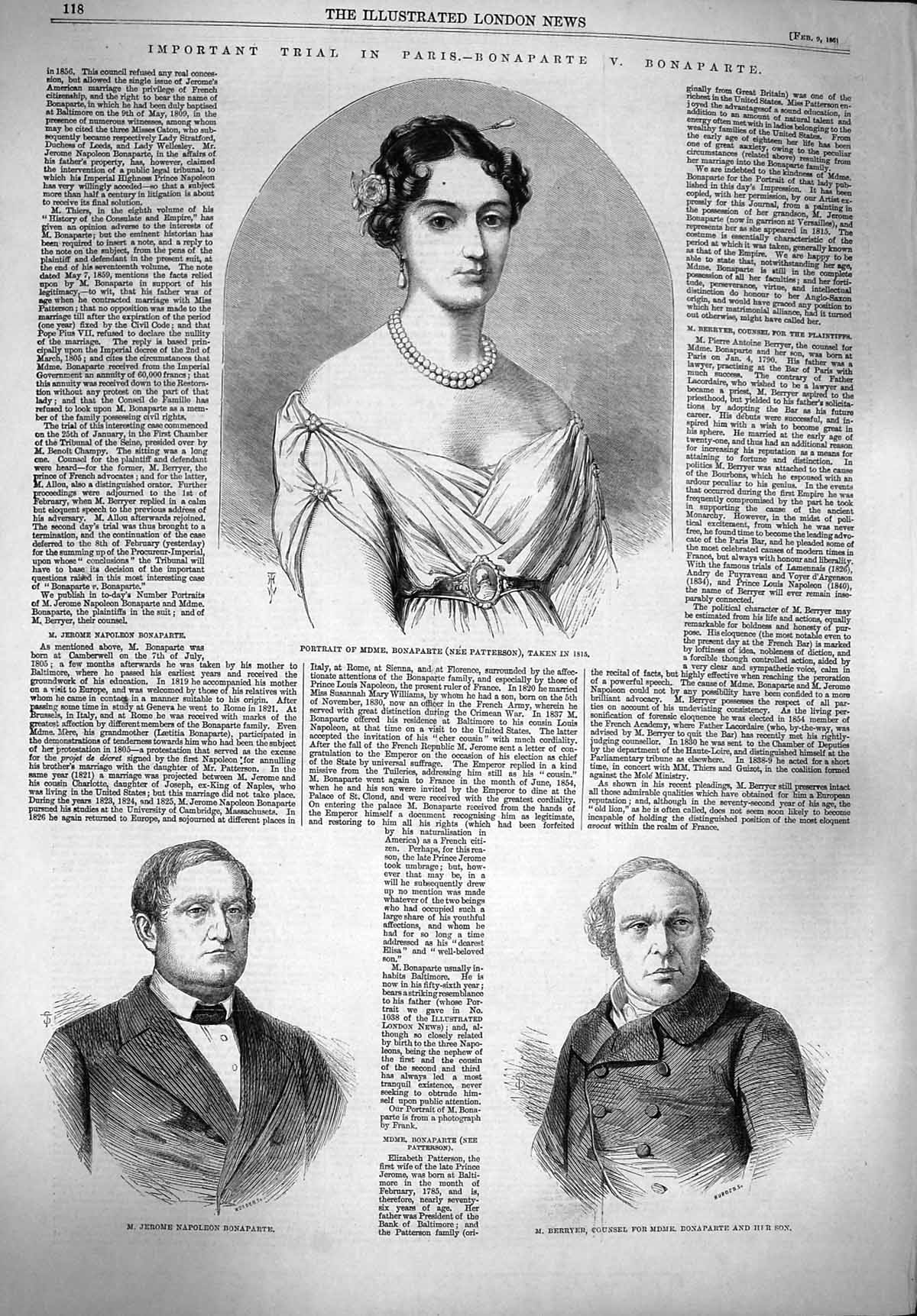 Original Old Antique Print 1861 Portrait Bonaparte Jerome Napoleon Berryer 19th
