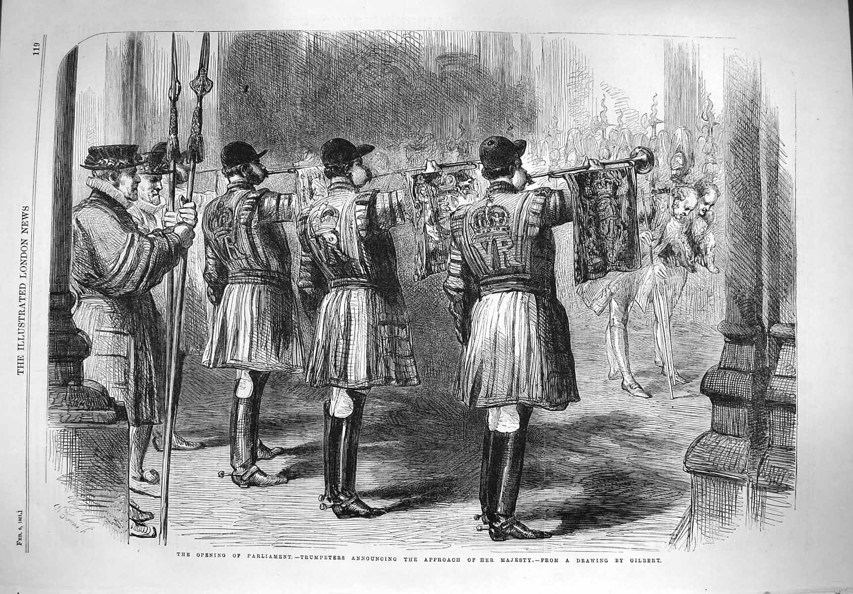 Original Old Antique Print 1861 Opening Parliament Trumpeters Approach Queen
