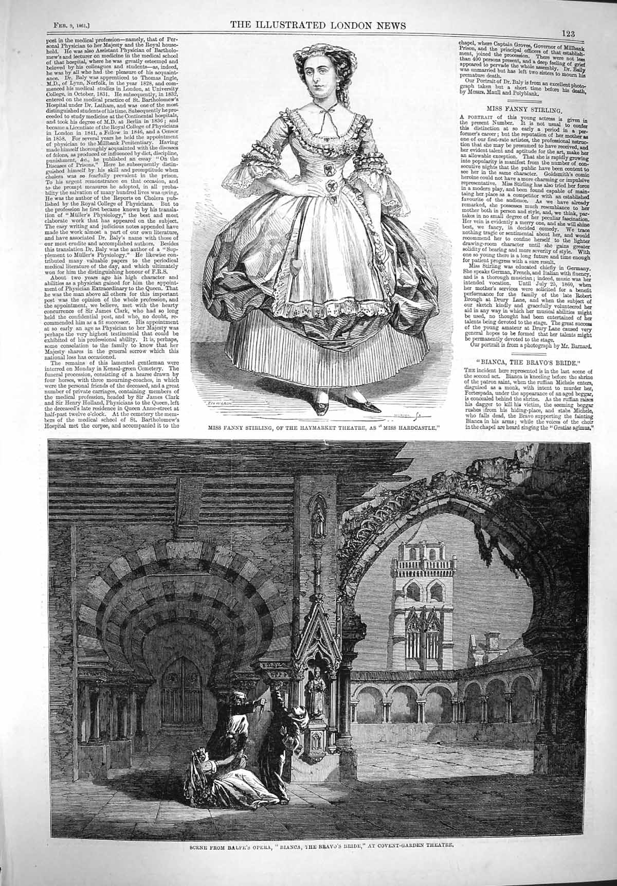 Old Antique Print 1861 Fanny Stirling Theatre Balfe Opera Bianca Covent 19th