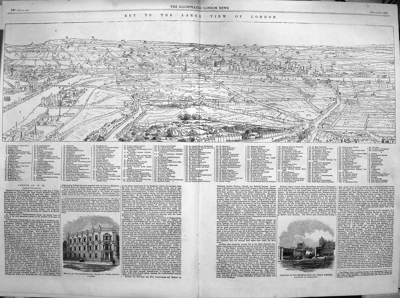 Old Antique Print 1861 Key London Hospital Metropolitan Western Railway 19th