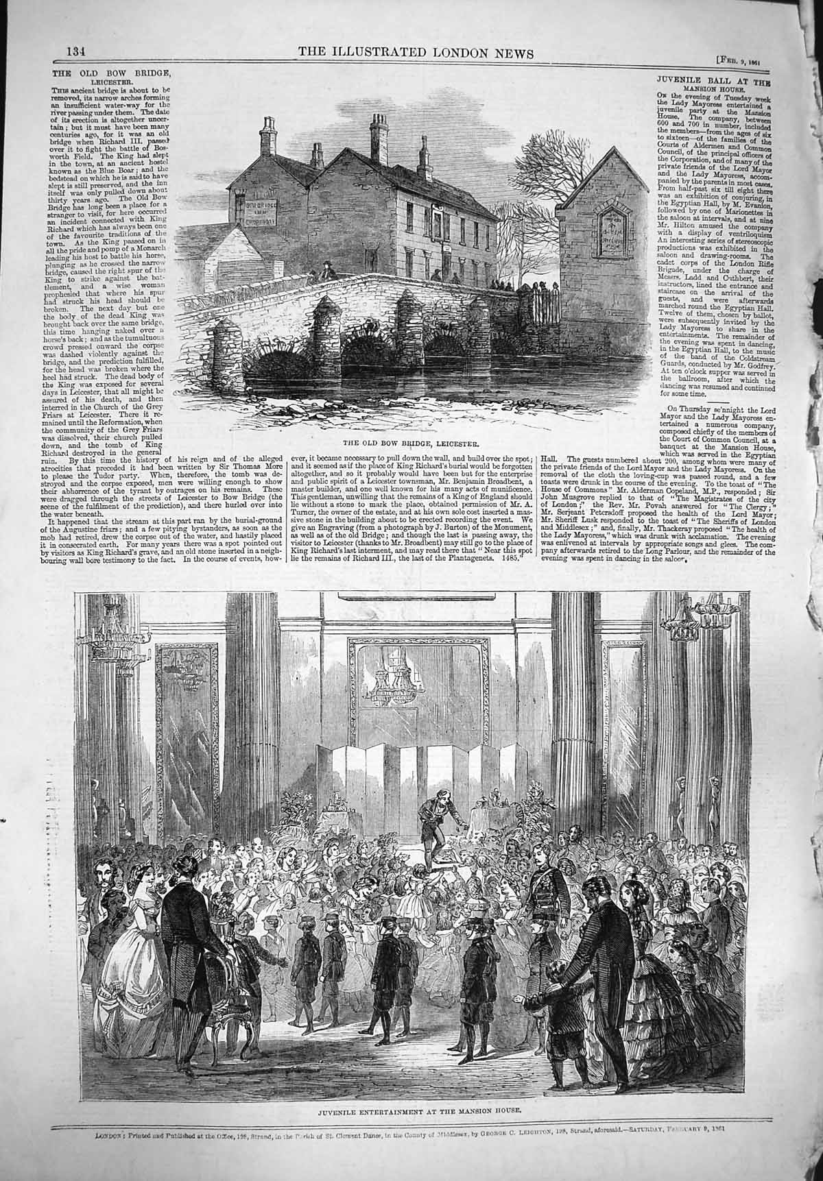Old Antique Print 1861 Bow Bridge Leicester Entertainment Mansion House 19th