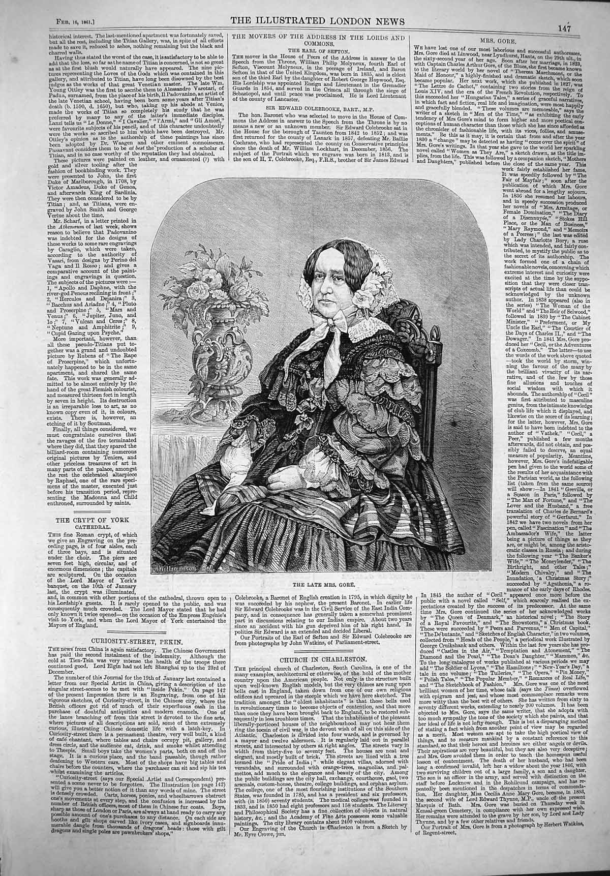 Original Old Antique Print 1861 Portrait Mrs Gore Lady Woman 19th
