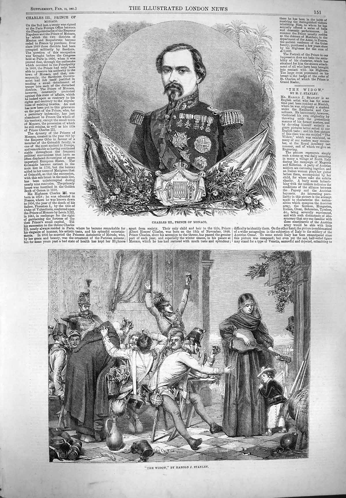 Original Old Antique Print 1861 Portrait Charless Prince Monaco Widow Siers