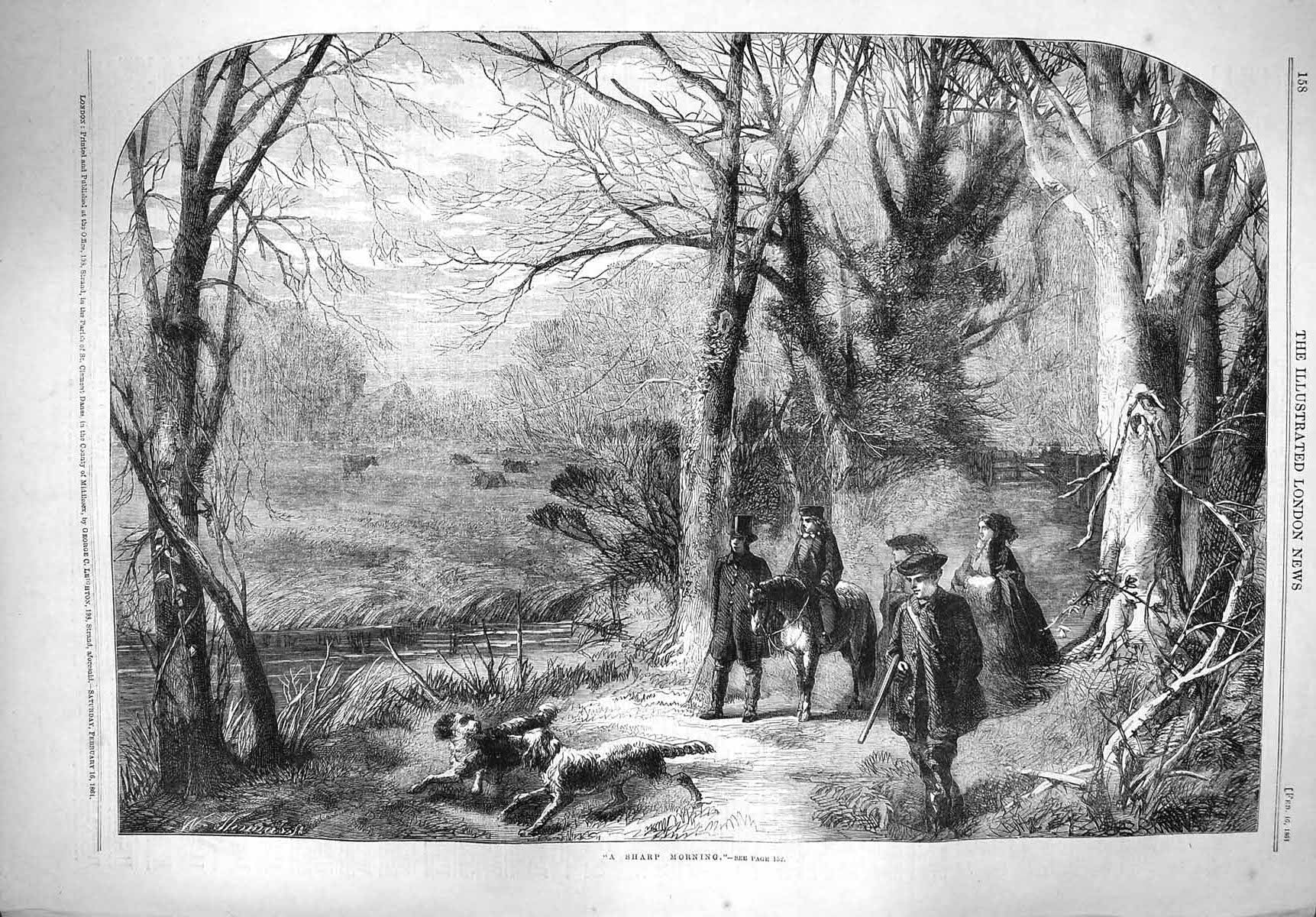 Original Old Antique Print 1861 Hunting Scene Men Guns Dogs Horses Victorian