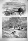 Original Old Antique Print 1861 Ship Wrecks Tynemouth Gale Whitby Life-Boa 19th