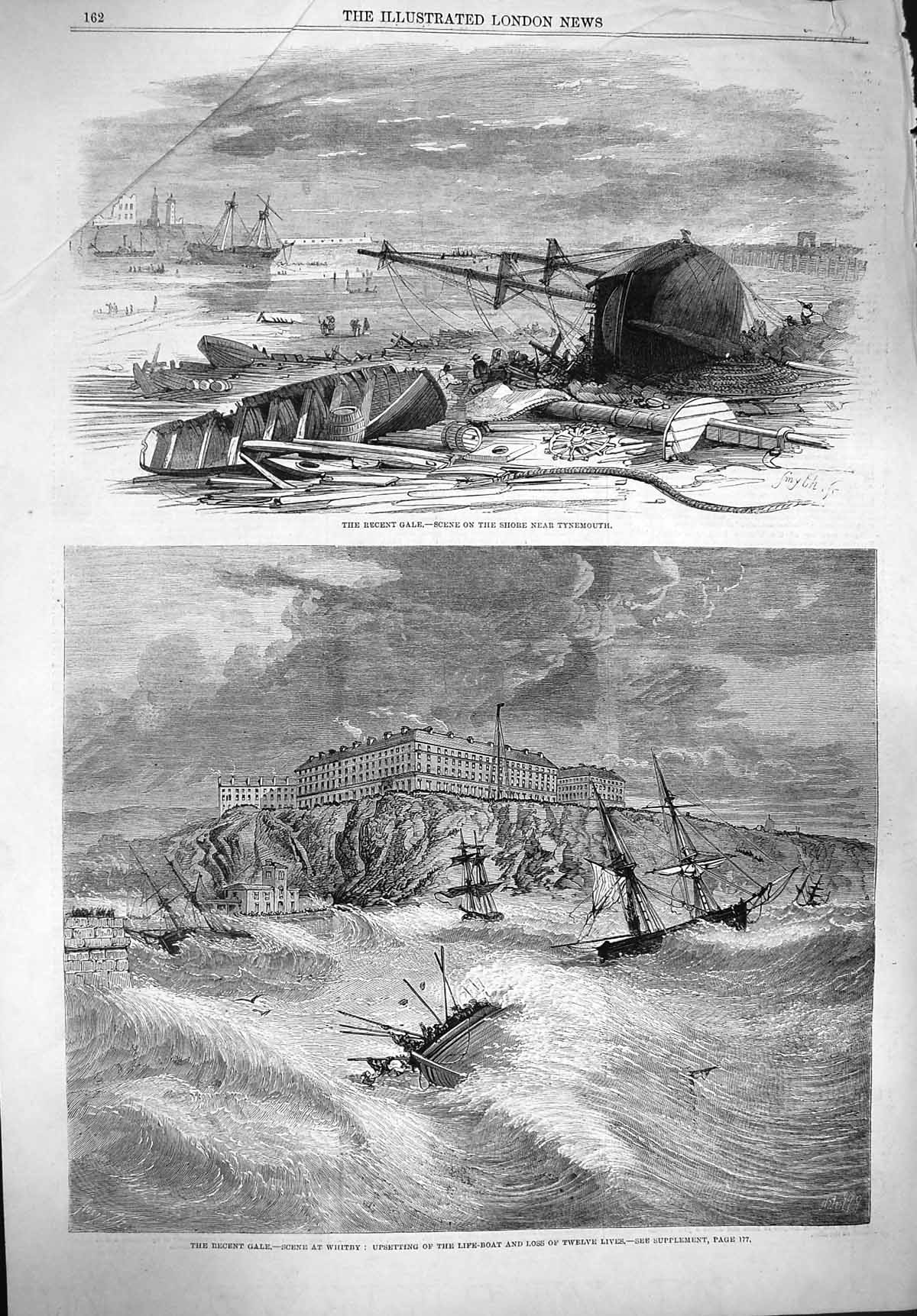 Original Old Antique Print 1861 Ship Wrecks Tynemouth Gale Whitby Life-Boa 19th