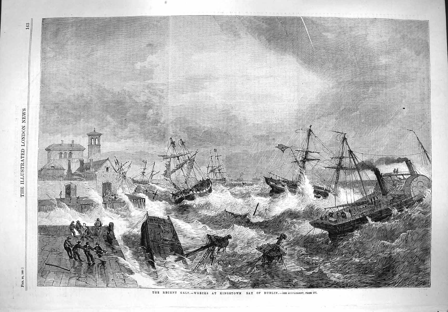 Old Antique Print 1861 Gale Storm Ship Wreck Kingstown Bay Dublin Ireland 19th