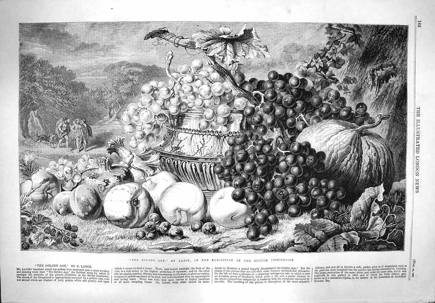 Original Old Antique Print 1861 Gen Age Lance Clusters Grapes Melon Aples Fruit