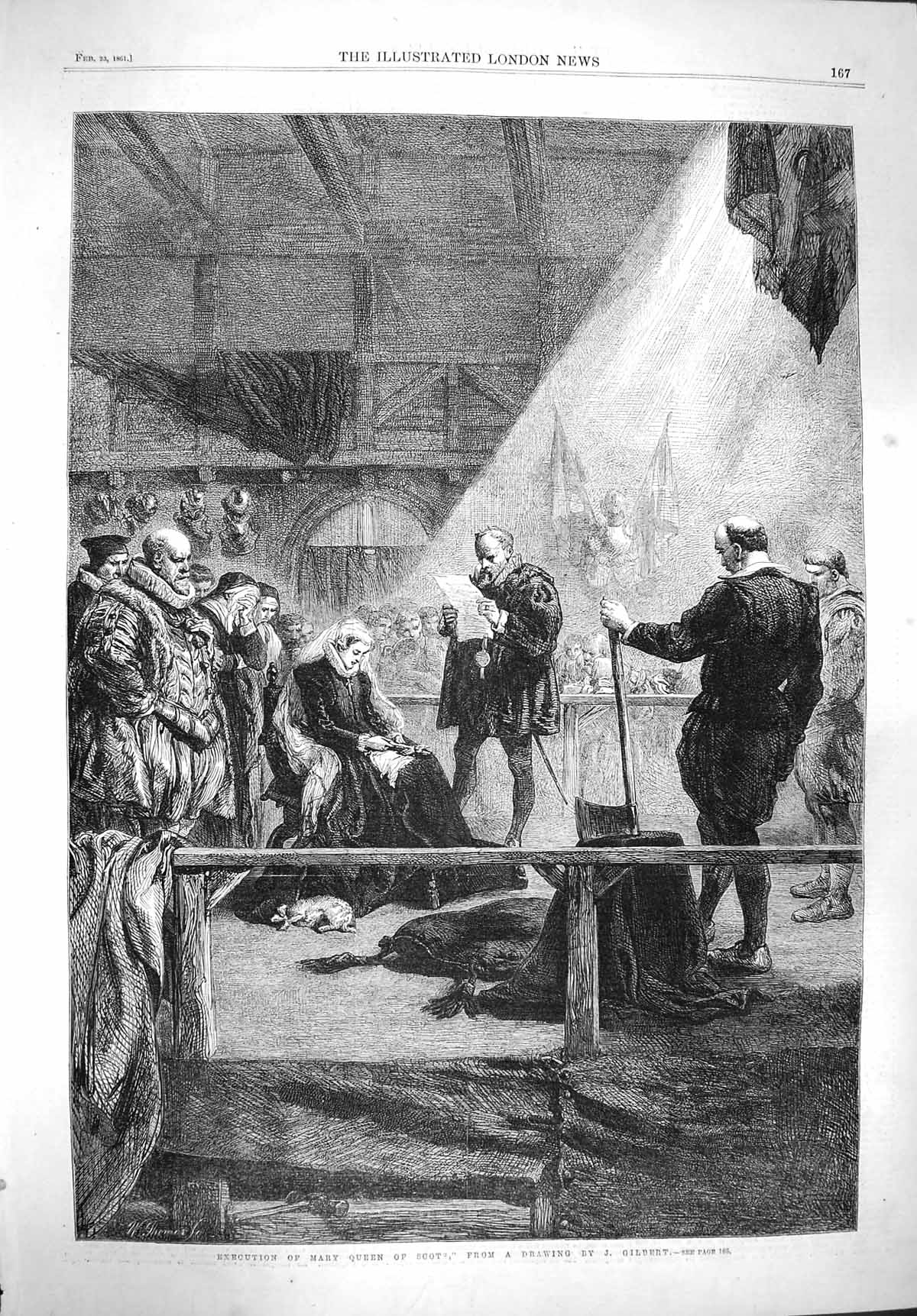 Original Old Antique Print 1861 Scene Execution Mary Queen Scots Man Axe 19th