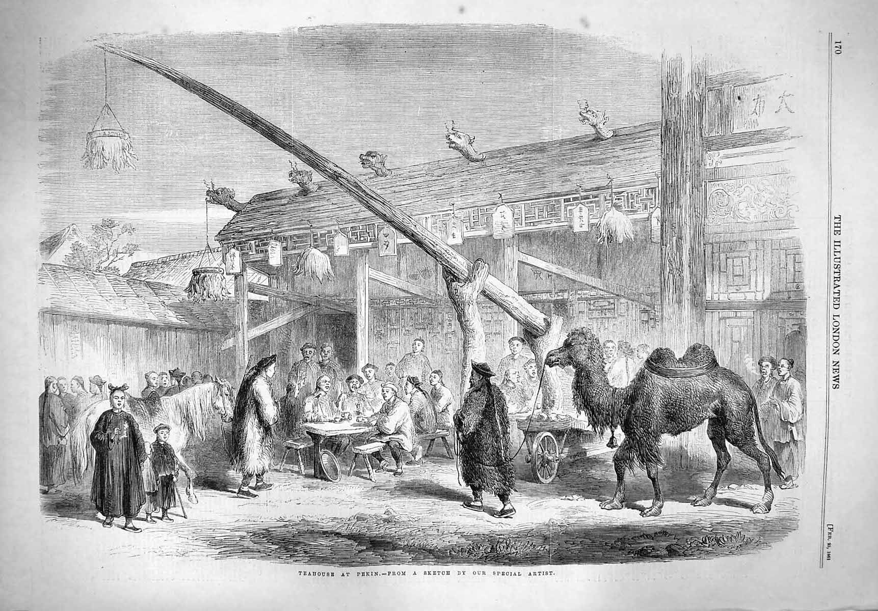 Original Old Antique Print 1861 Teahouse Pekin Scene Chinese People Chin 19th