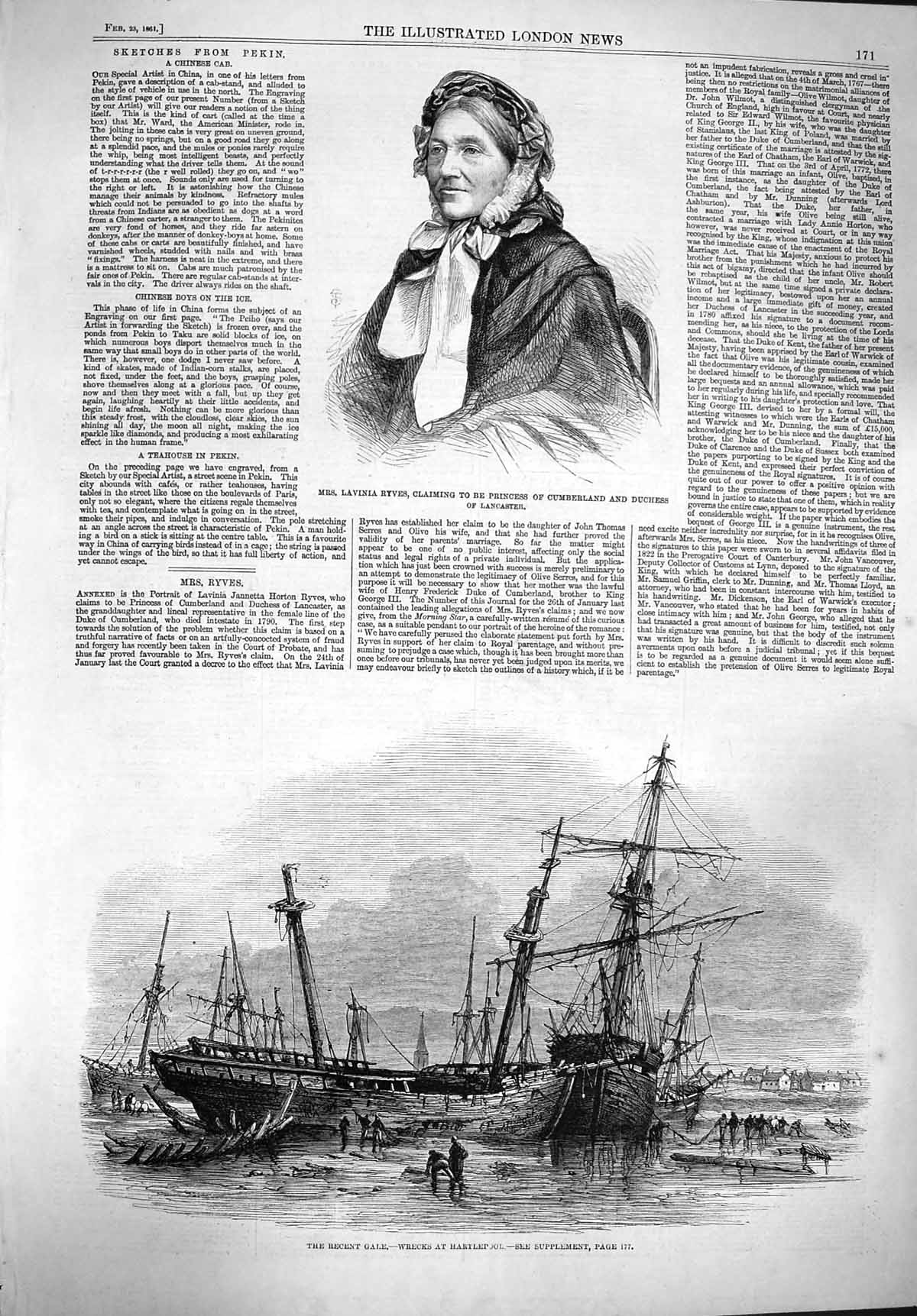 Original Old Antique Print 1861 Lavinia Ryves Princess Ship Wrecks Hartlepool