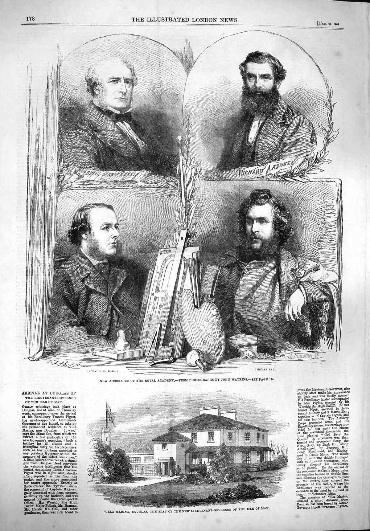 Original Old Antique Print 1861 Villa Marina Douglas Royal Academy Barry Pigott