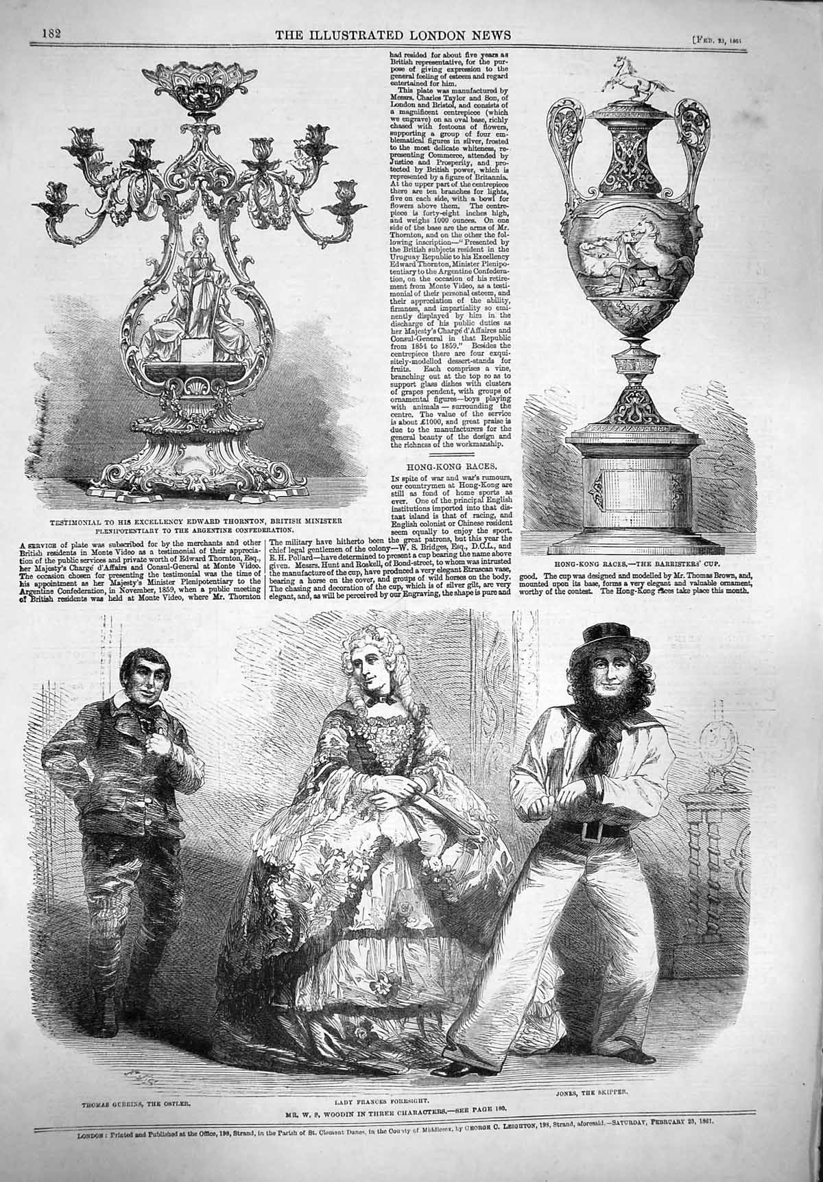 Original Old Antique Print 1861 Lady Frances Foresight Theatre Woodin Race Cups