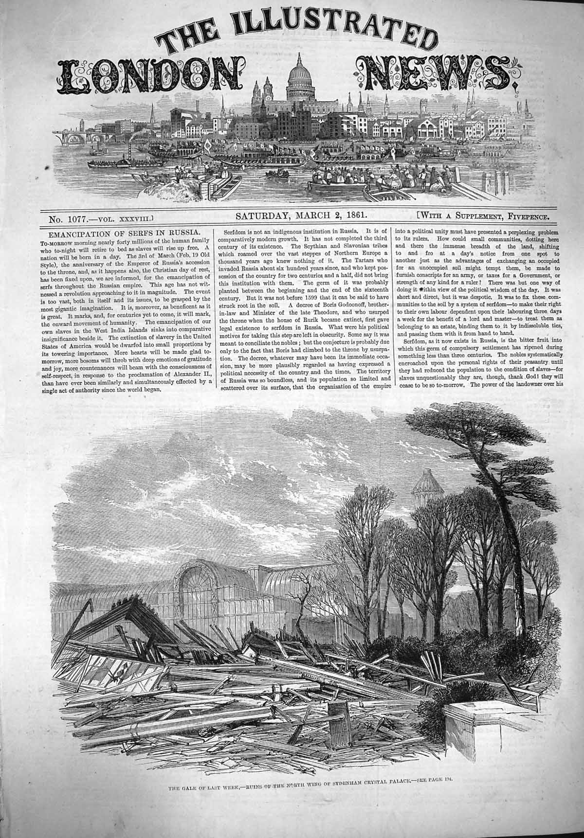 Antique Old Print *3797 1861 Ruins North Wing Sydenham Crystal Palace Storm