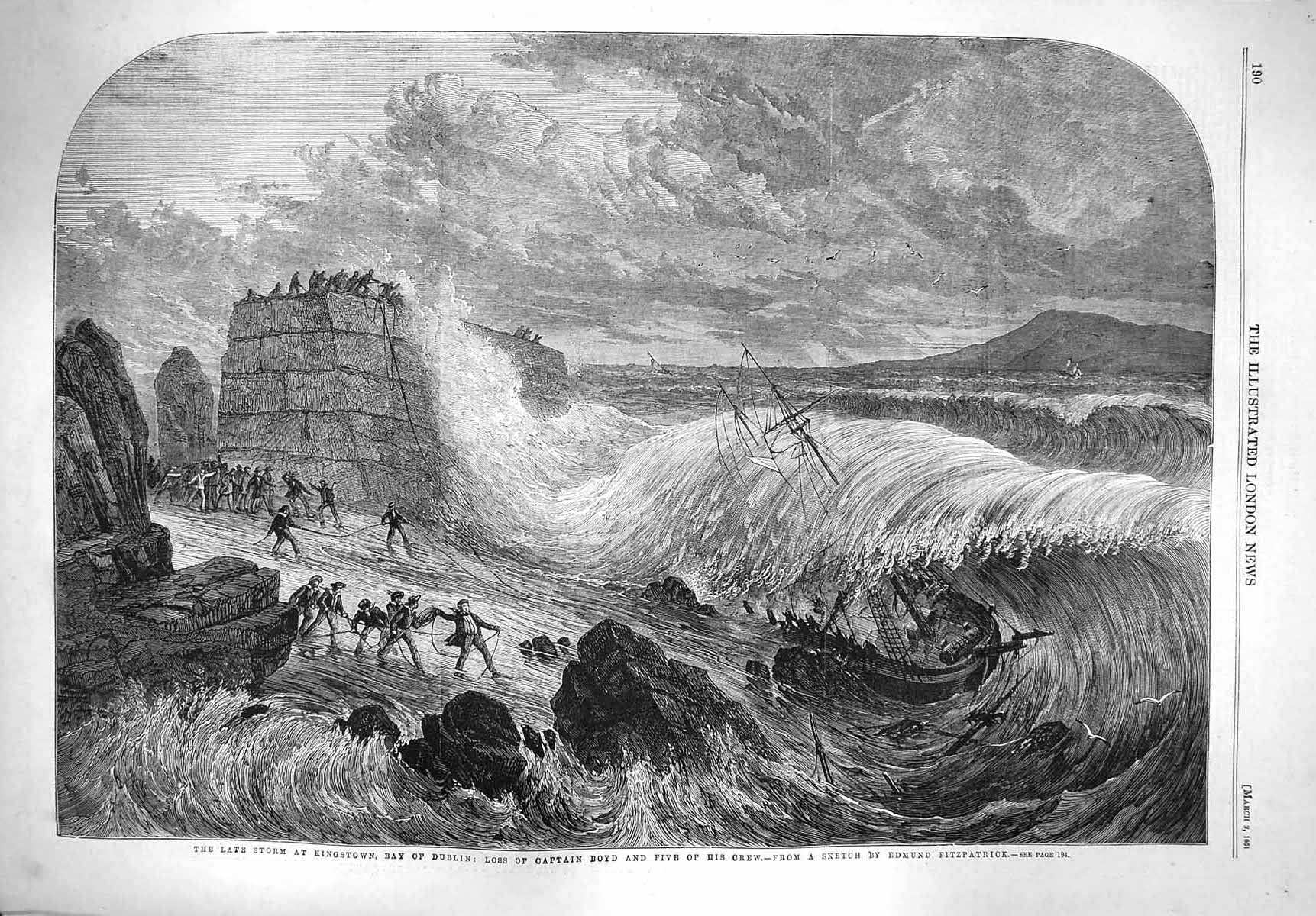 Old Antique Print 1861 Storm Kingstown Bay Dublin Captain Boyd Fine Art 19th