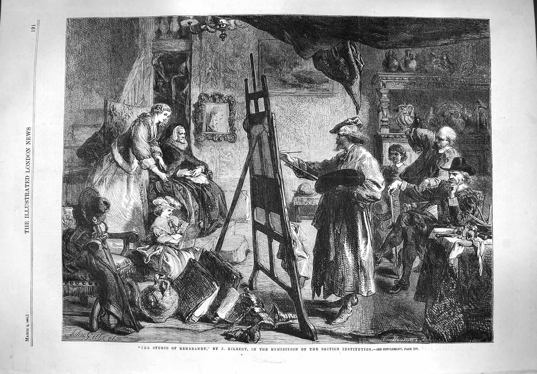 Original Old Antique Print 1861 Studio Rembrandt Art Painting Easel Victorian