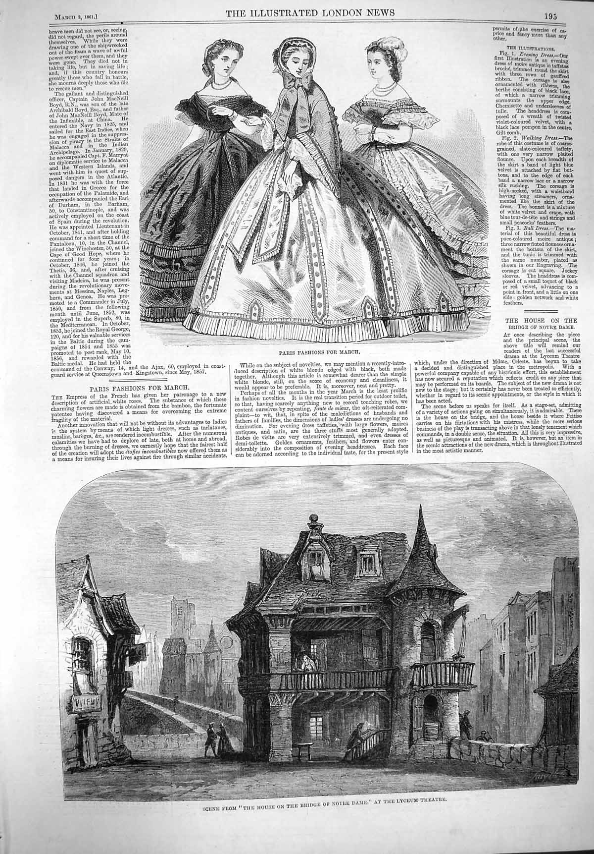 Original Old Antique Print 1861 Paris Fashion House Bridge Notre Dame Theatre