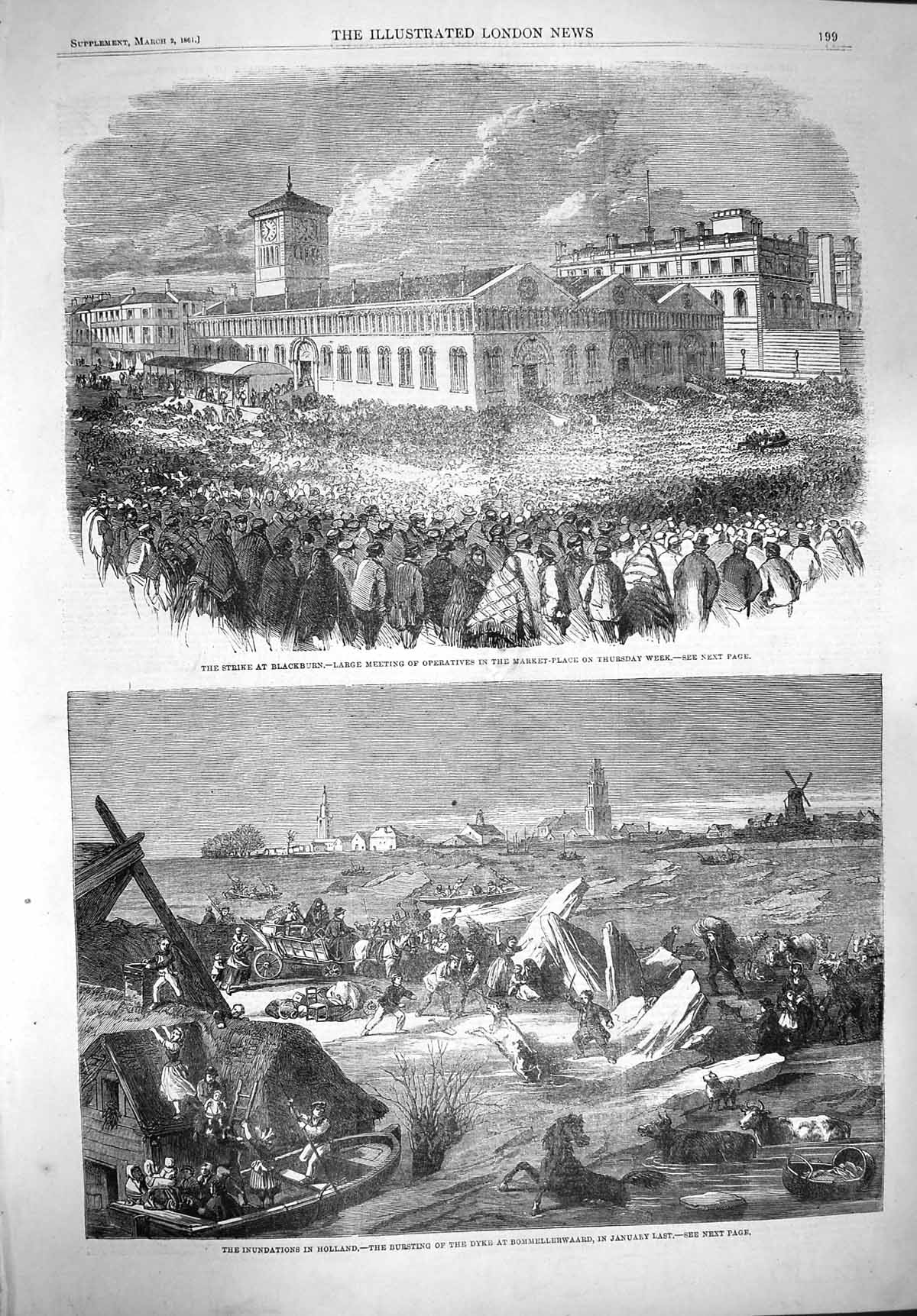 Original Old Antique Print 1861 Strike Blakcburn Floods Holland Bommellerwaard