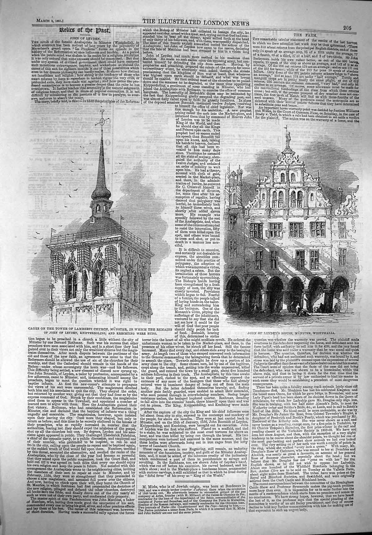 Original Old Antique Print 1861 John Leyden House Munster Lamberti Church Cages