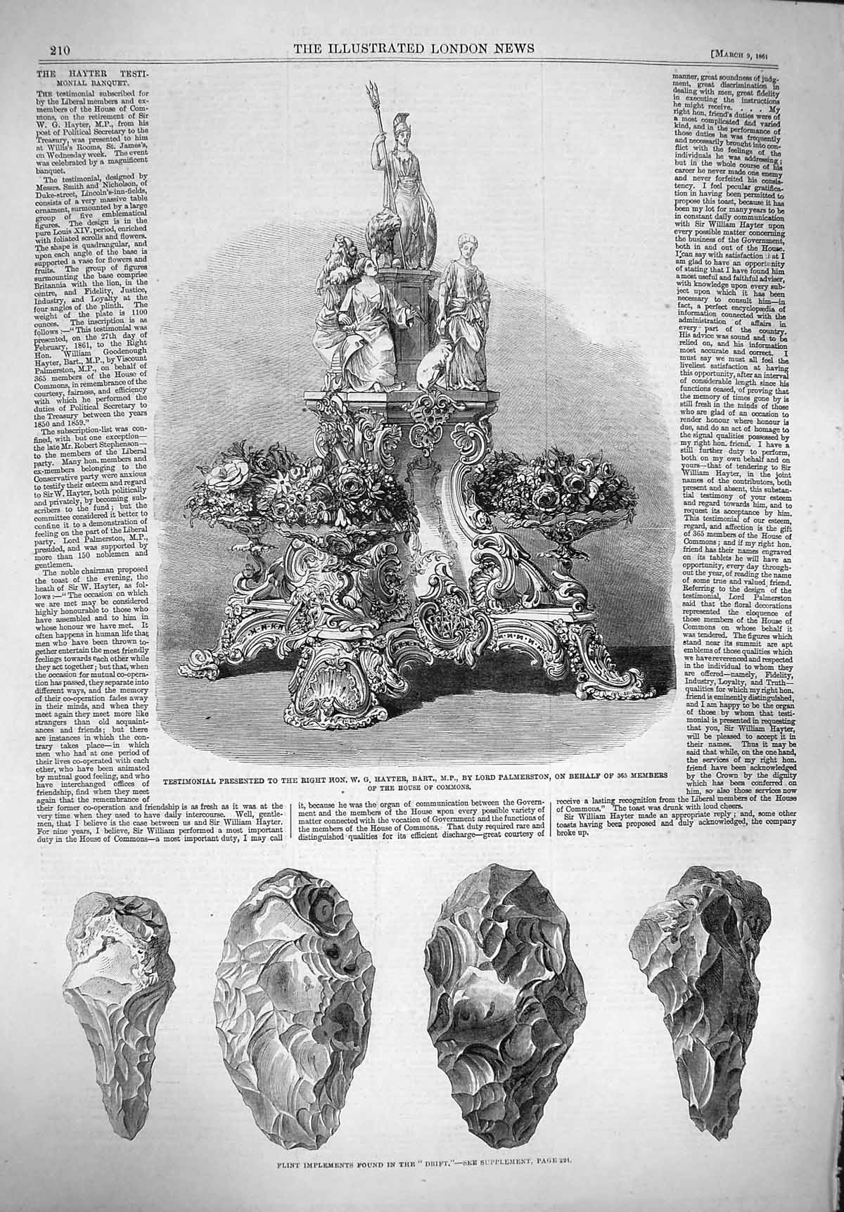 Original Old Antique Print 1861 Flint Implements Drift Testimonial Hayter Bart